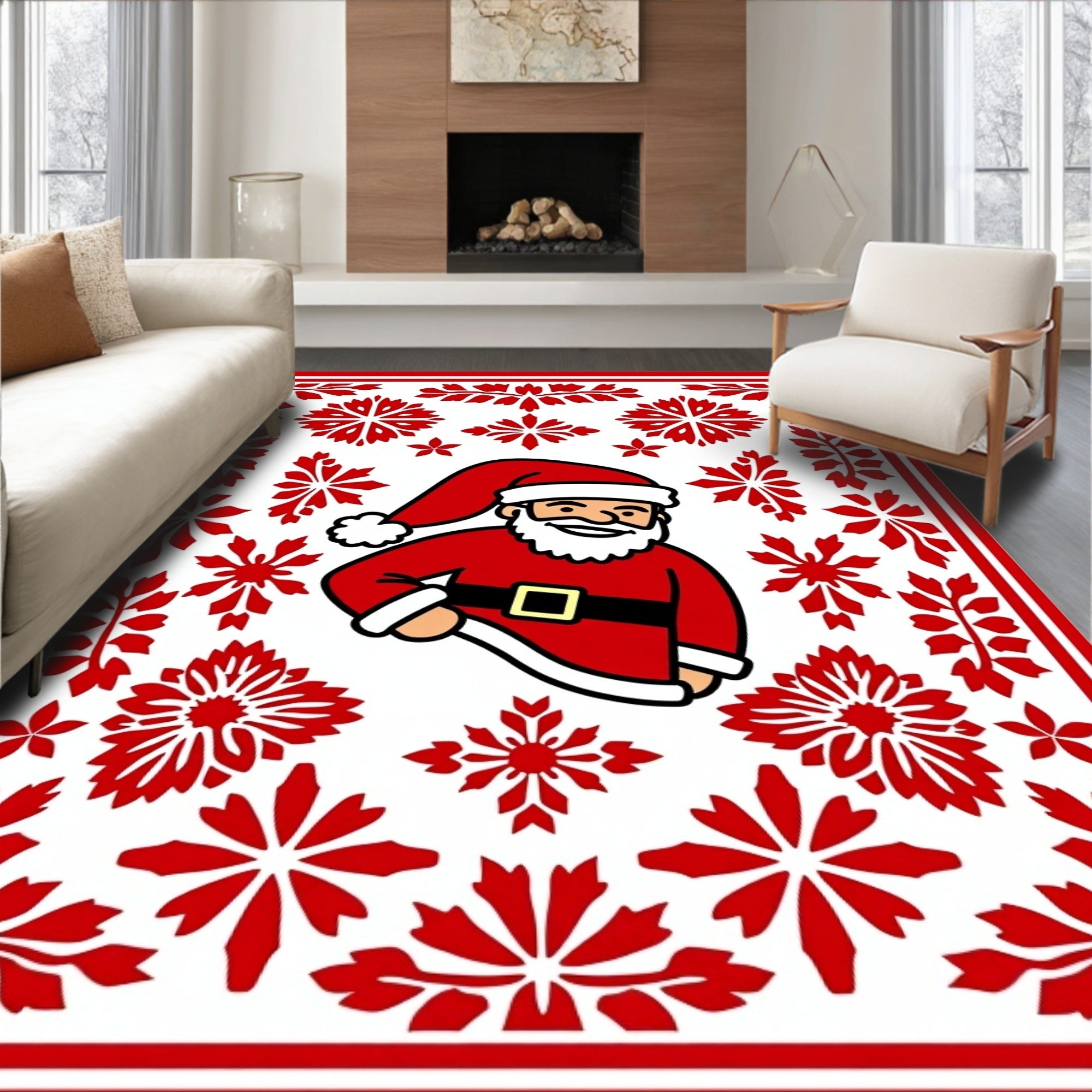 Red Holiday Christmas Santa Snowflakes Rug