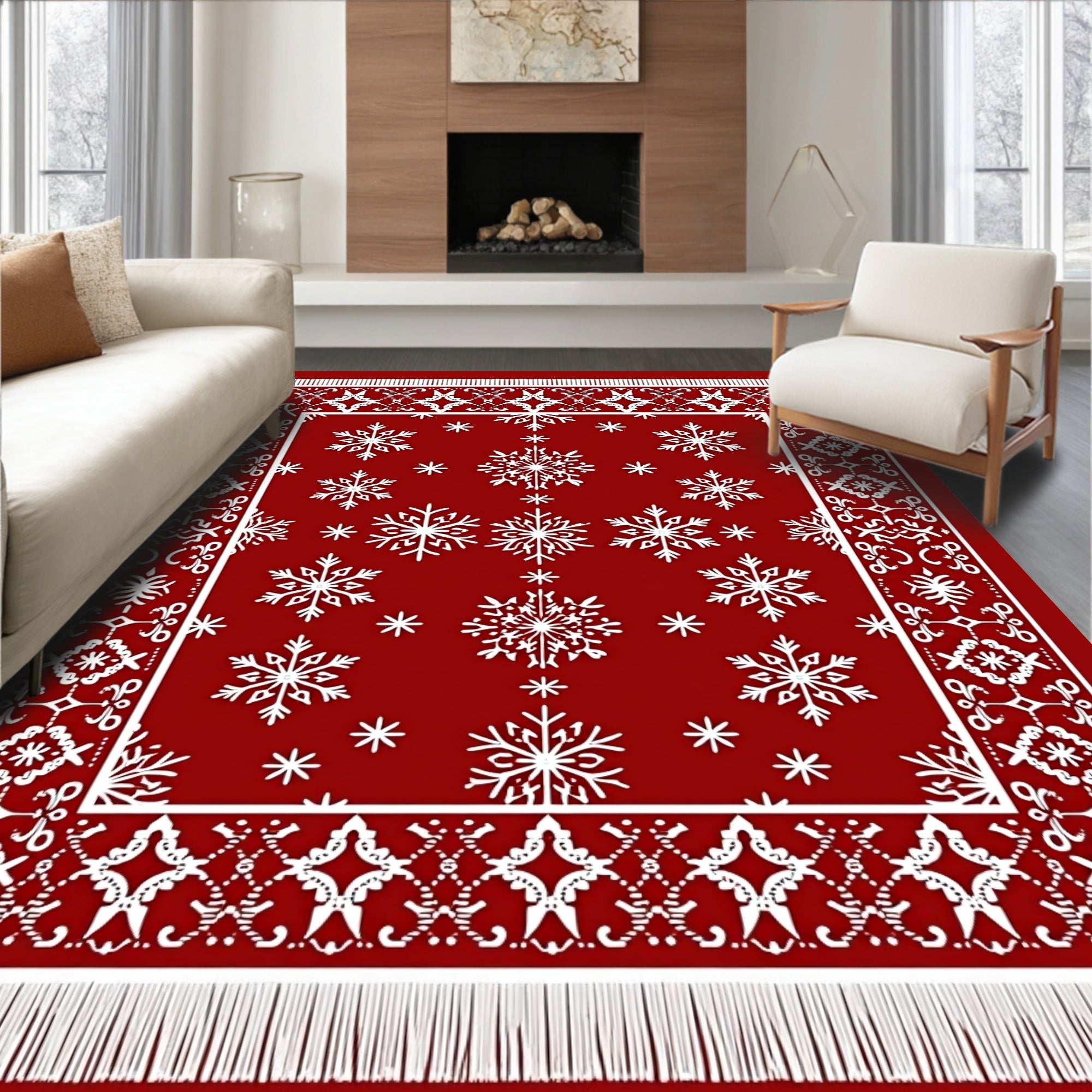 Holiday Red Snowflake Border Rug