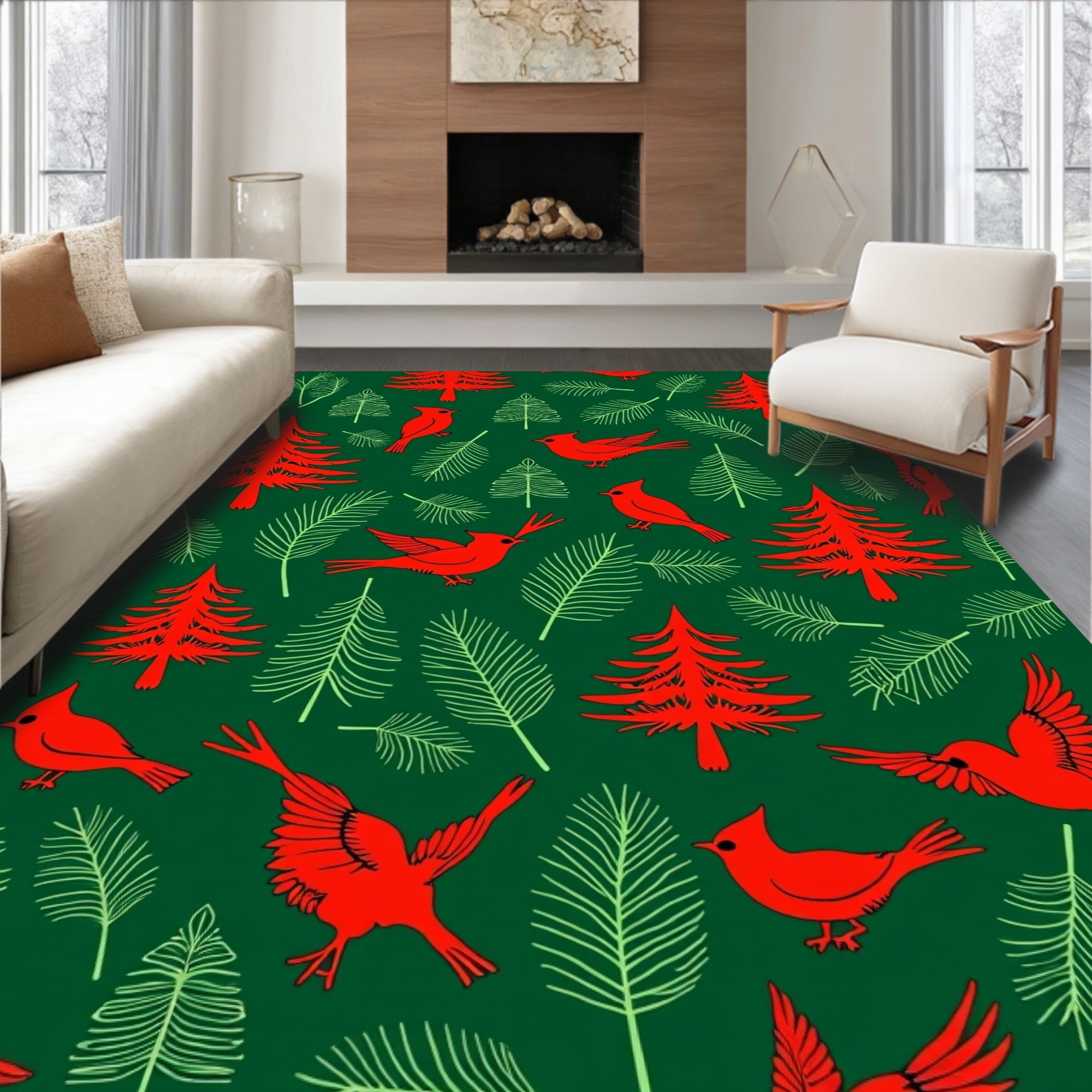 Red Cardinal Pine Tree Forest Rug