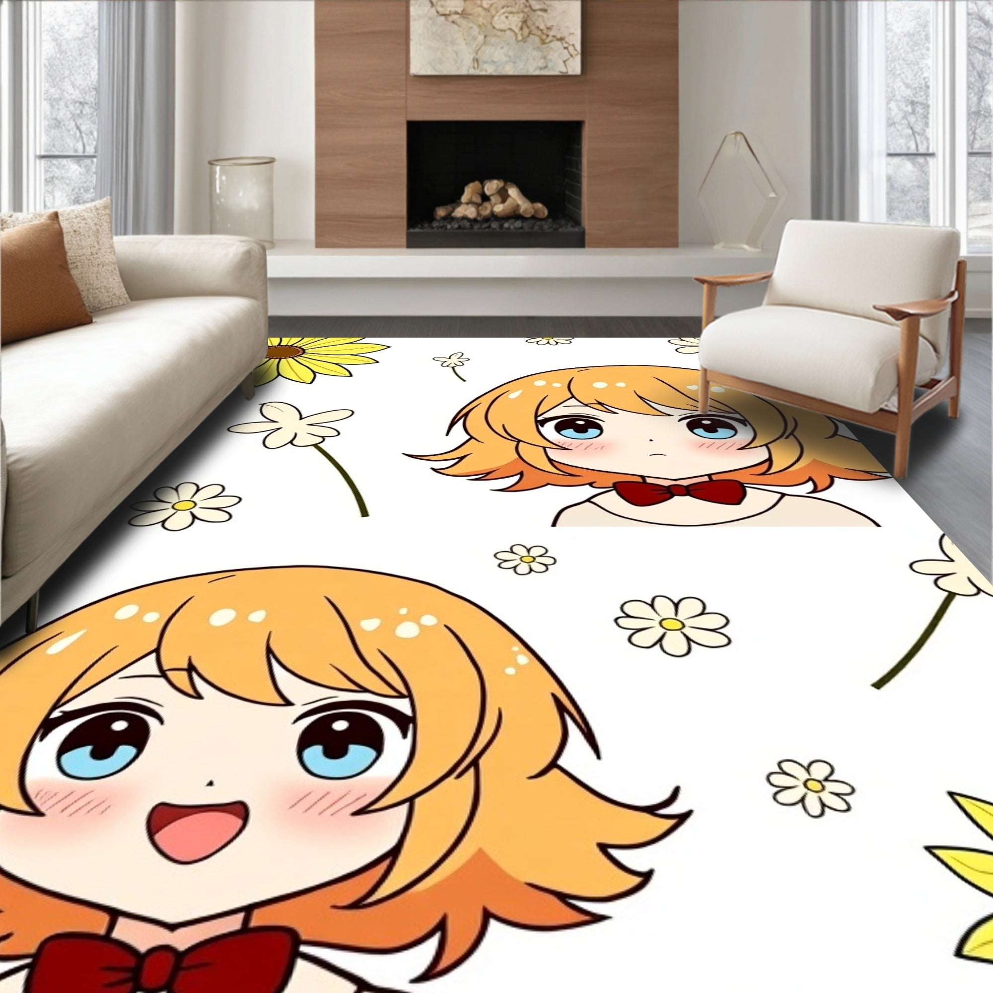 Kawaii Anime Girls Yellow Daisy Whimsical Rug