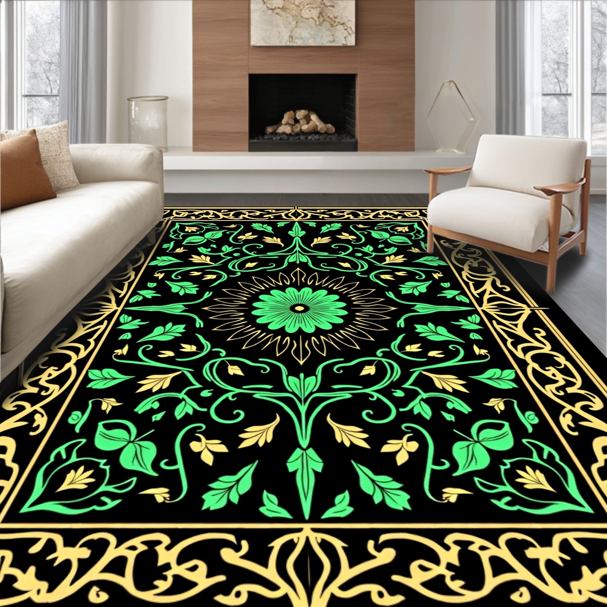 Emerald Gold Floral Mandala Border Rug
