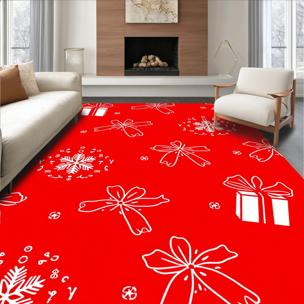 Red White Gift Bow Snowflake Repeat Rug