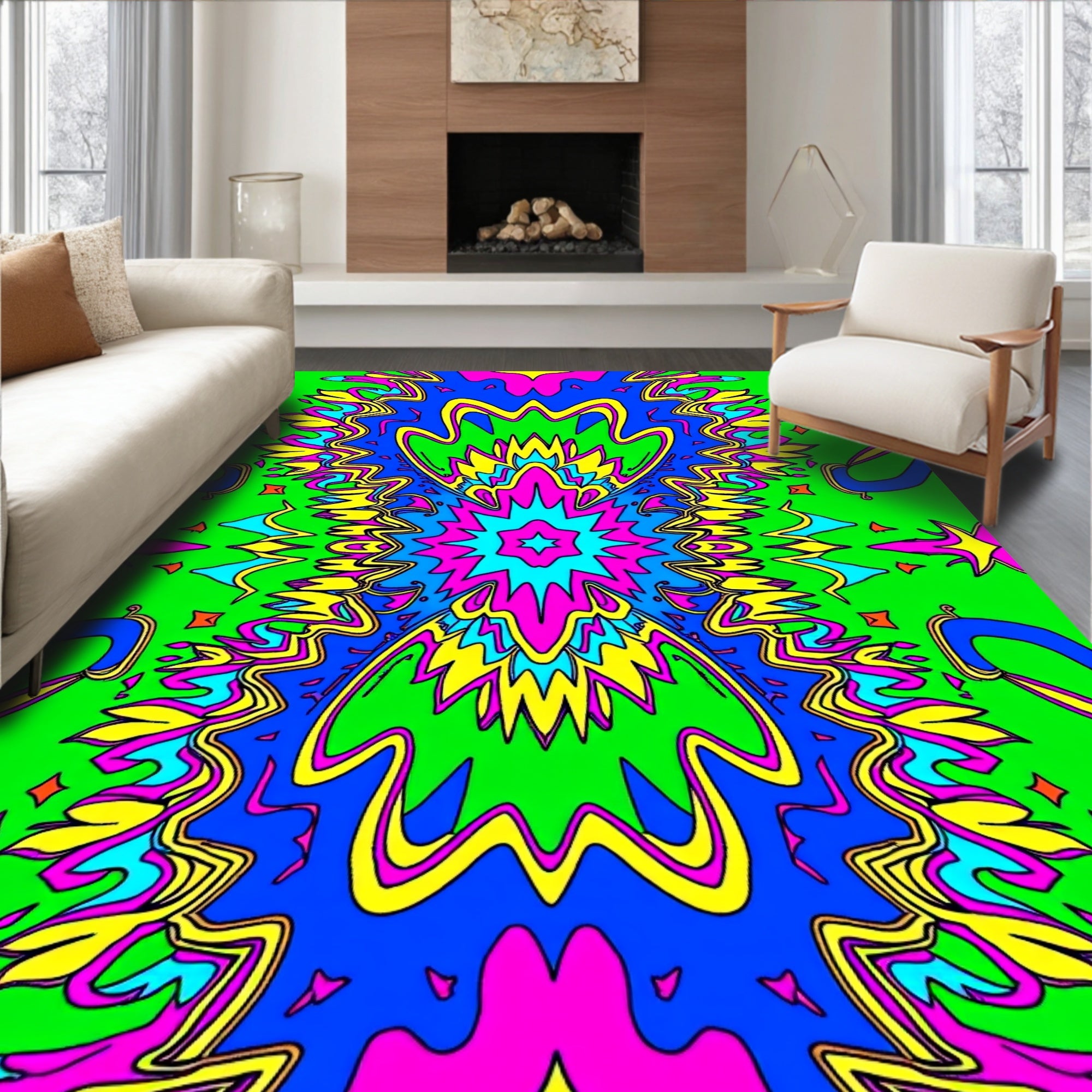 Vibrant Neon Psychedelic Burst Rug