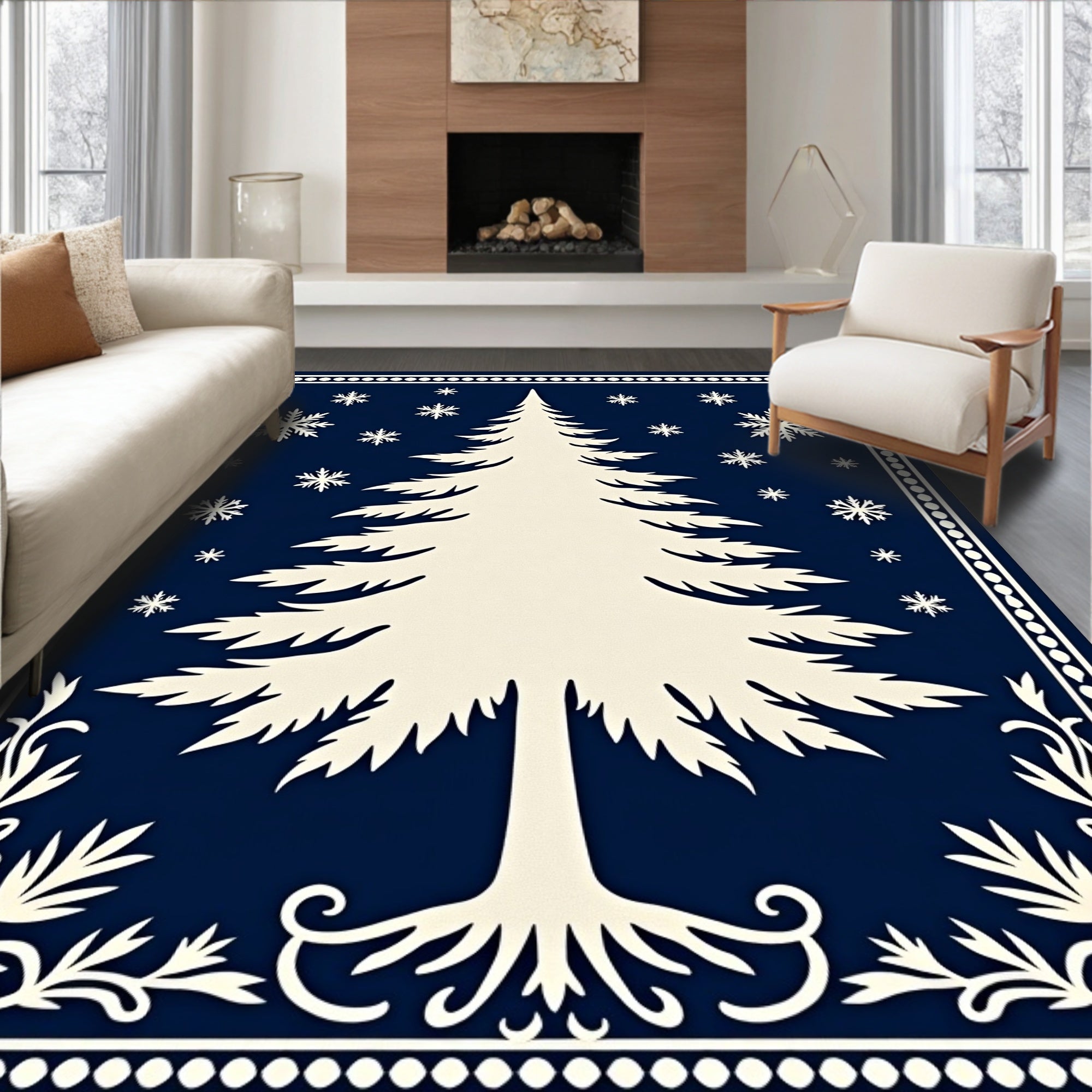 Winter Evergreen Snowflake Midnight Rug