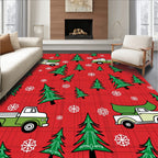 Red Plaid Christmas Trees Trucks Snowflakes Rug