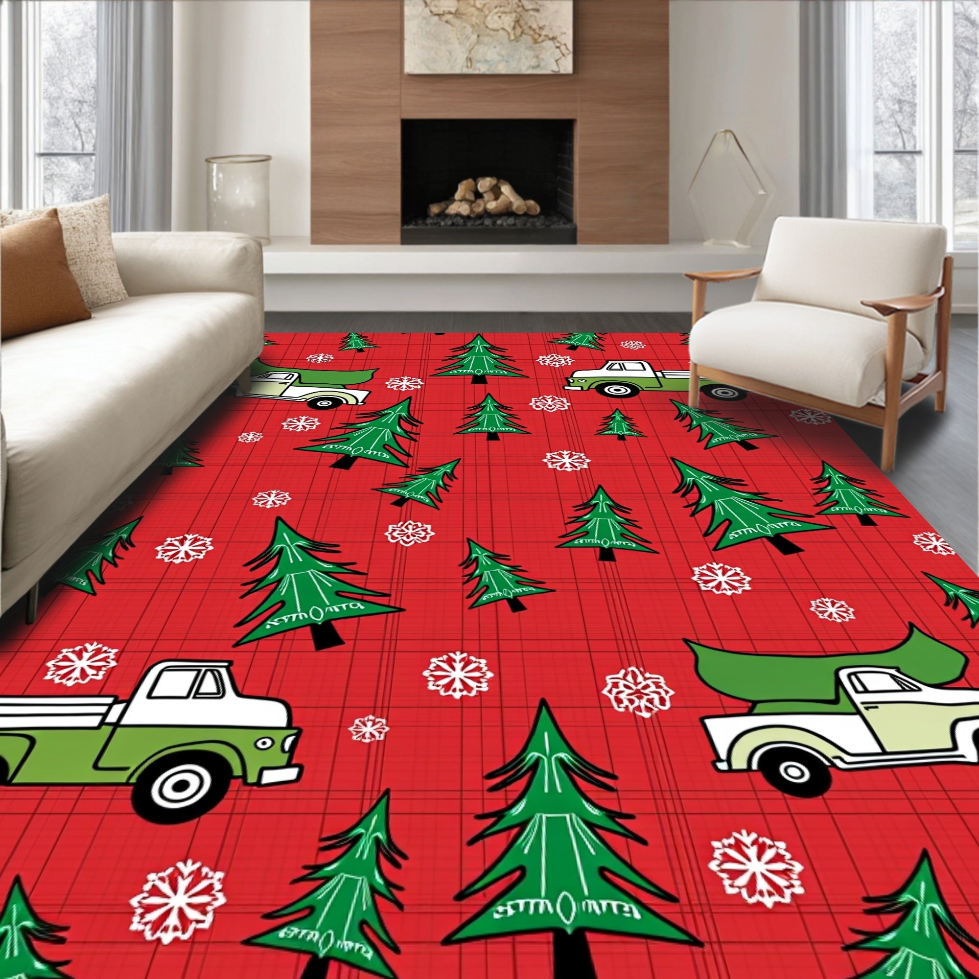 Red Plaid Christmas Trees Trucks Snowflakes Rug