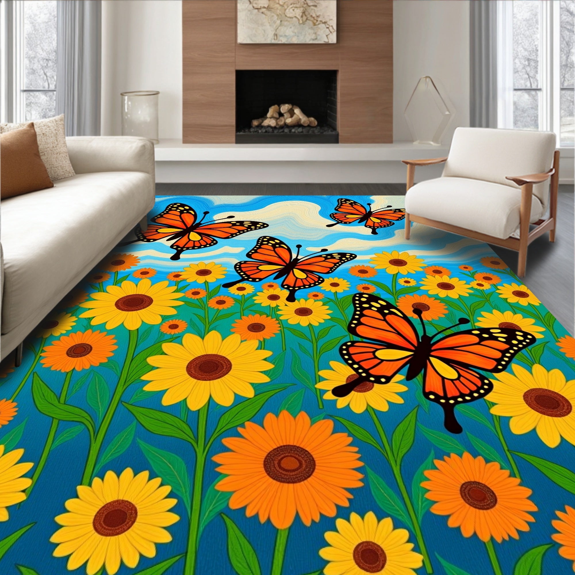 Whimsical Orange Butterfly Garden Rug
