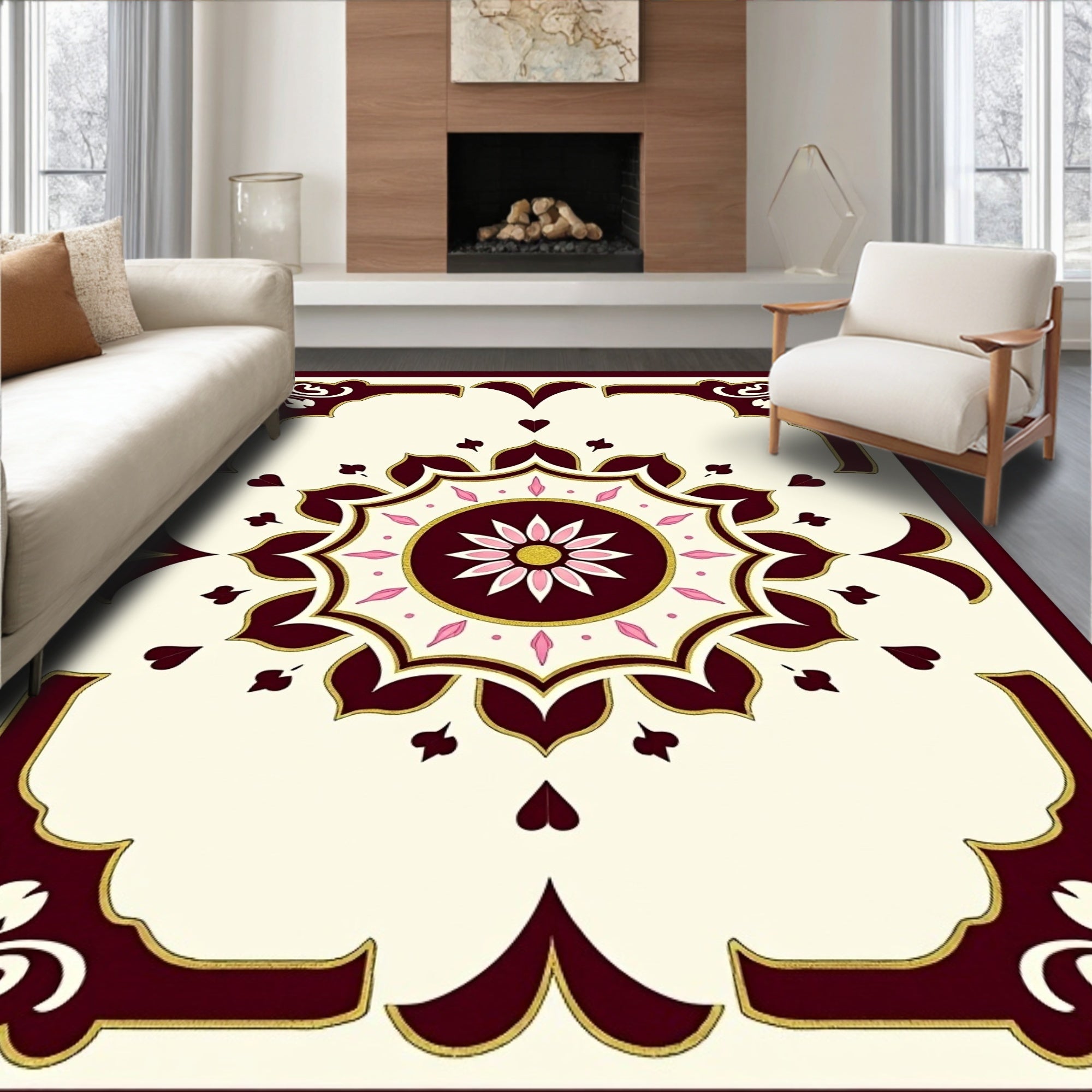 Crimson Floral Medallion Golden Accents Rug