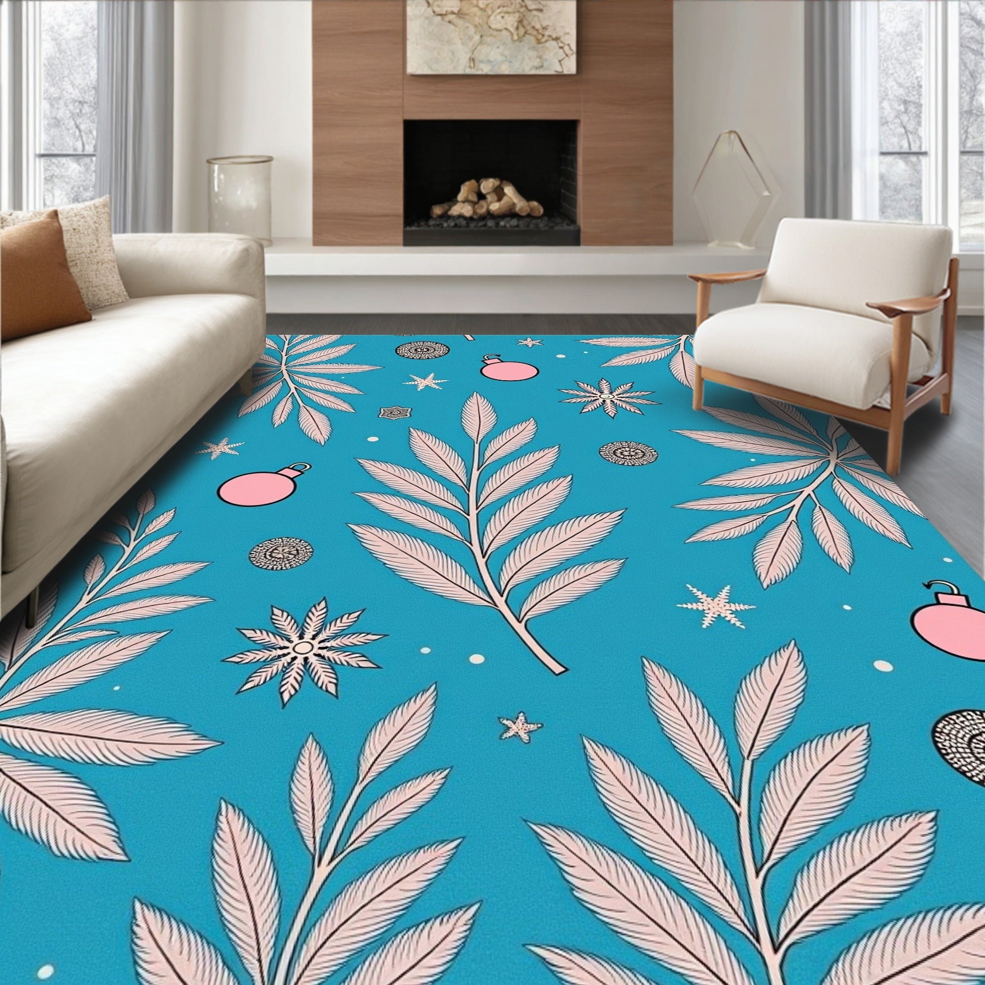 Teal Pink Leaf Ornament Snowflake Accents Rug
