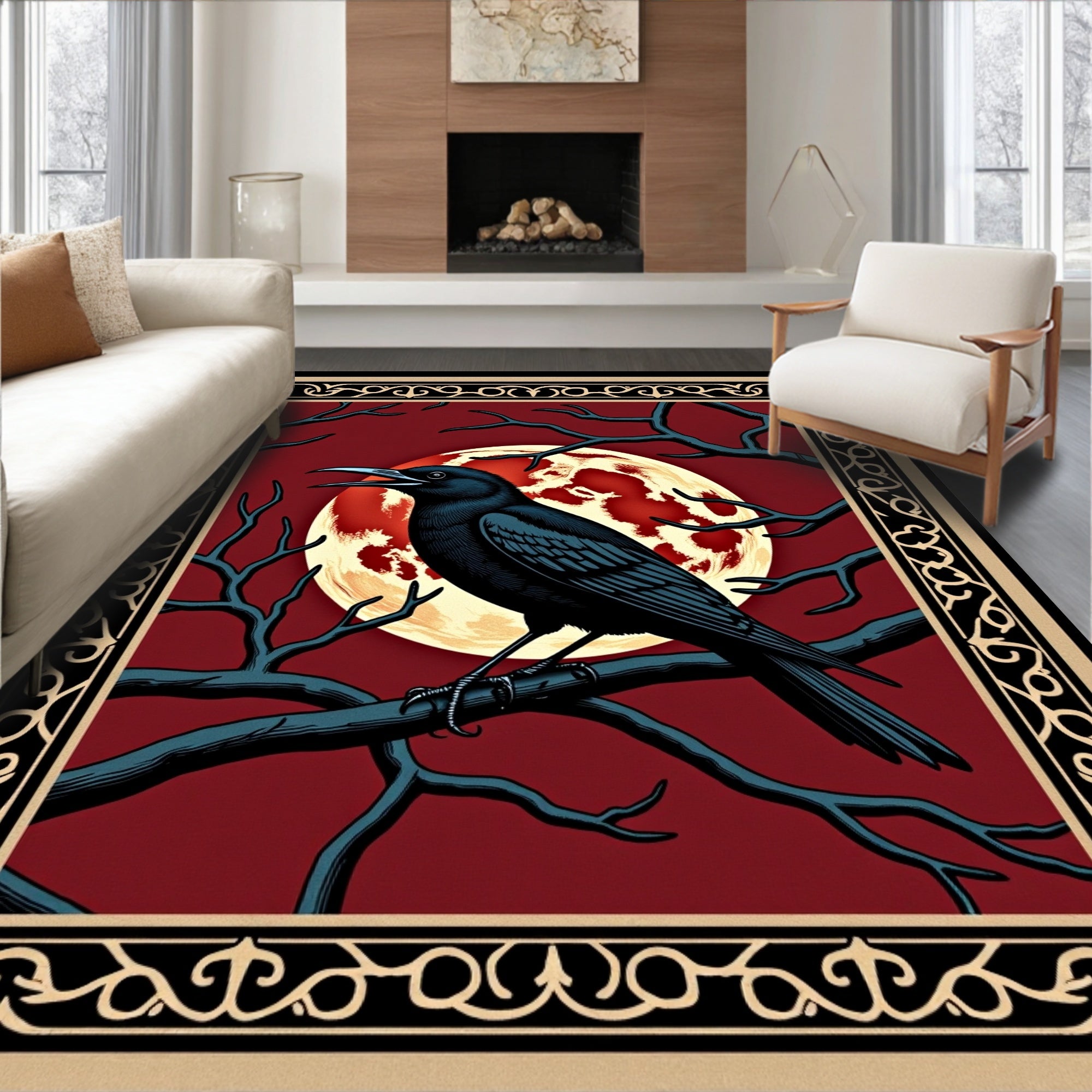 Mysterious Black Crow Red Moon Branches Rug