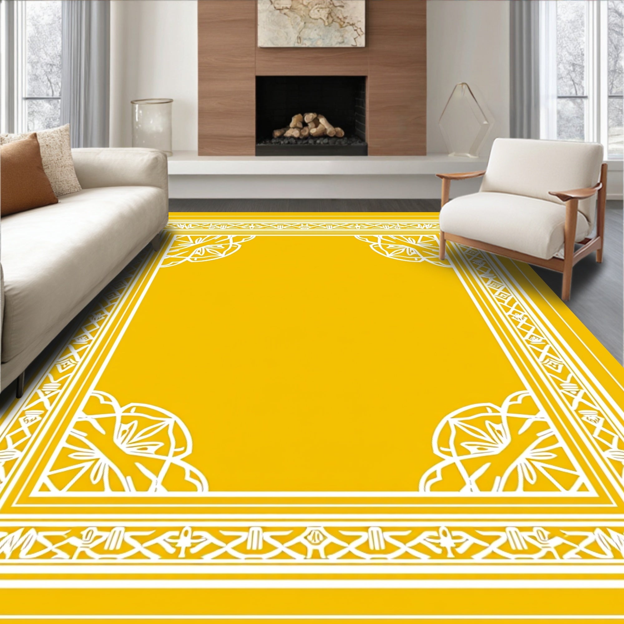 Golden Yellow White Ornate Geometric Border Rug