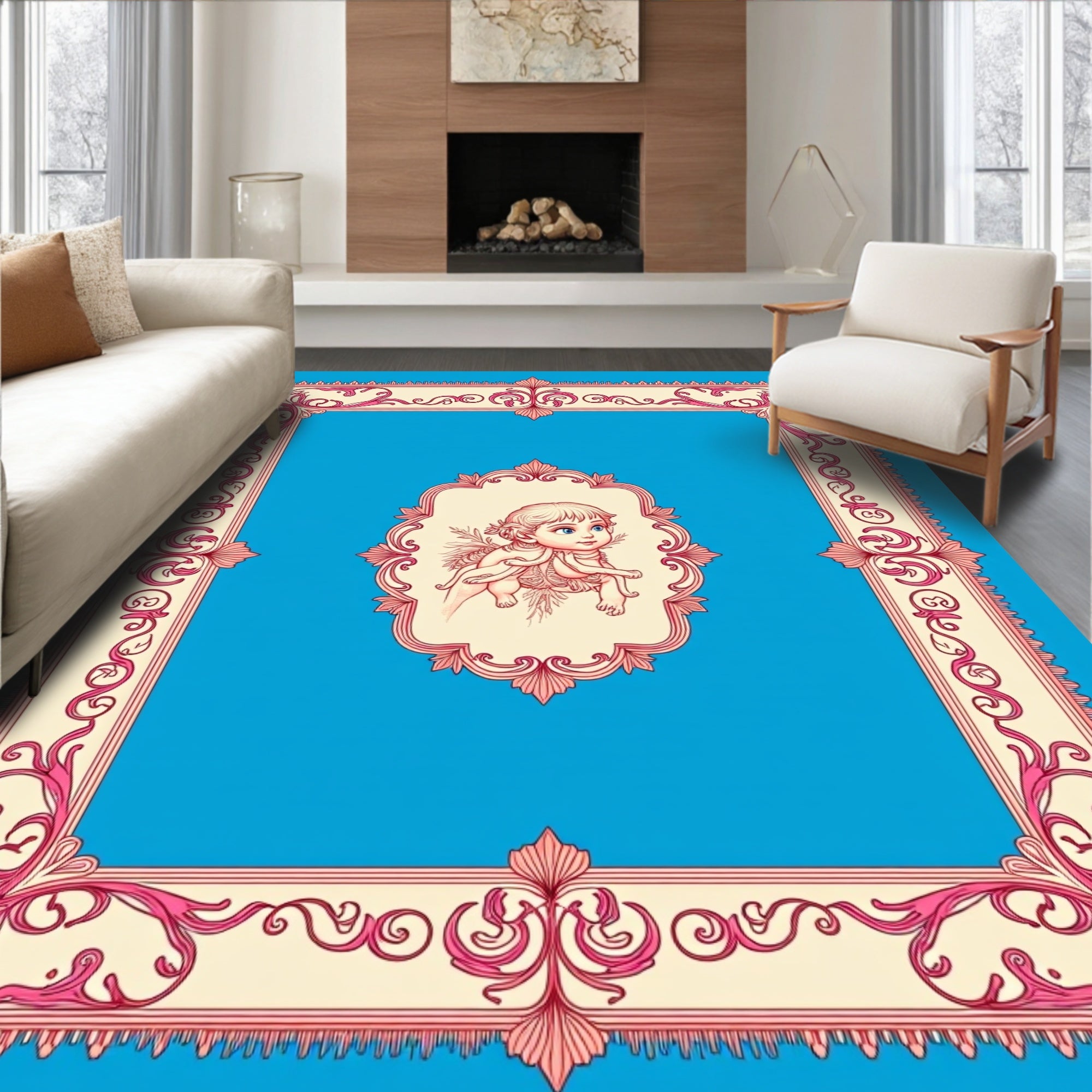 Ornate Blue Cherub Frame Rug