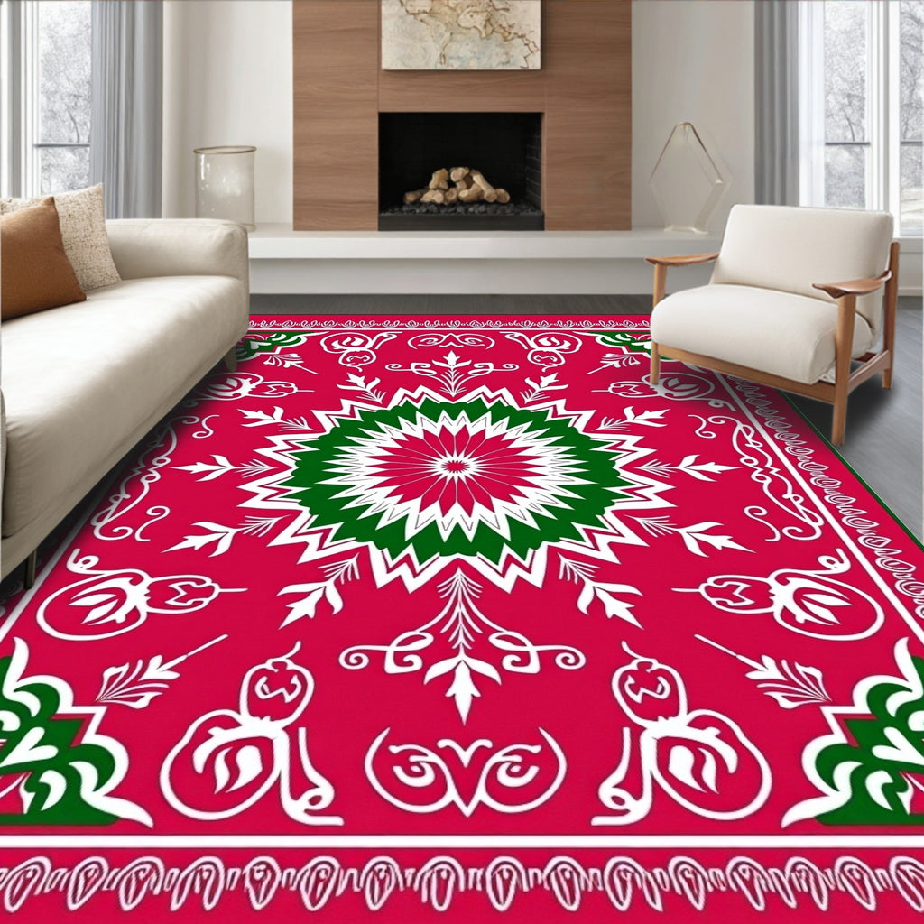 Festive Red Green Starburst Medallion Rug