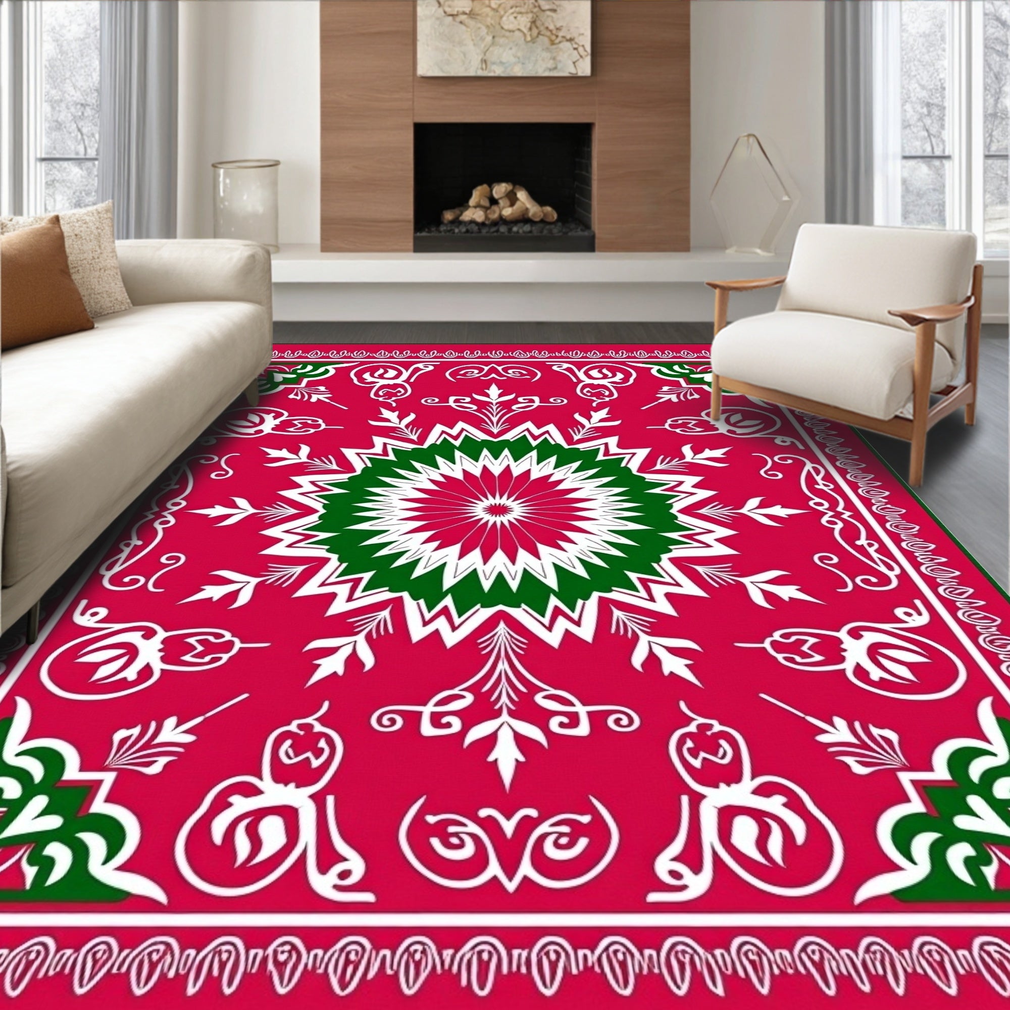 Festive Red Green Starburst Medallion Rug