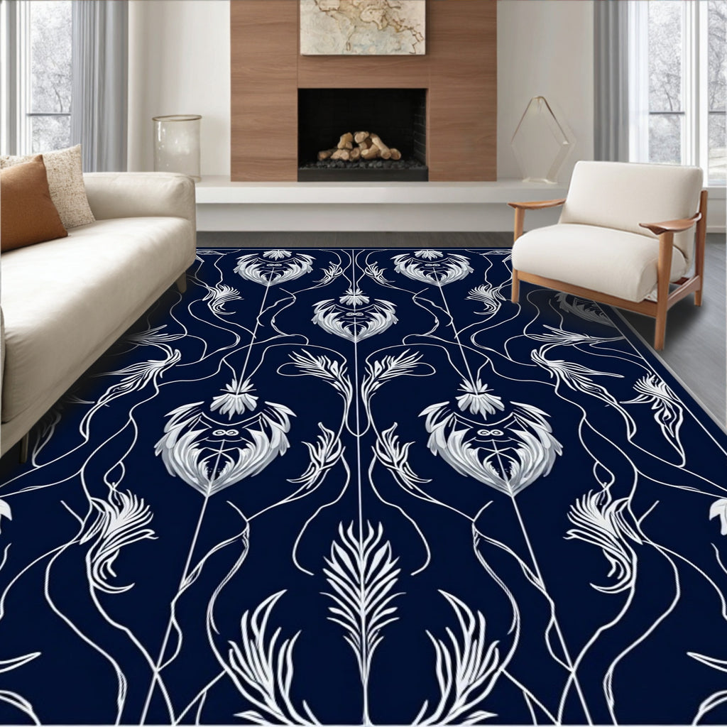 Dark Blue White Art Nouveau Floral Rug