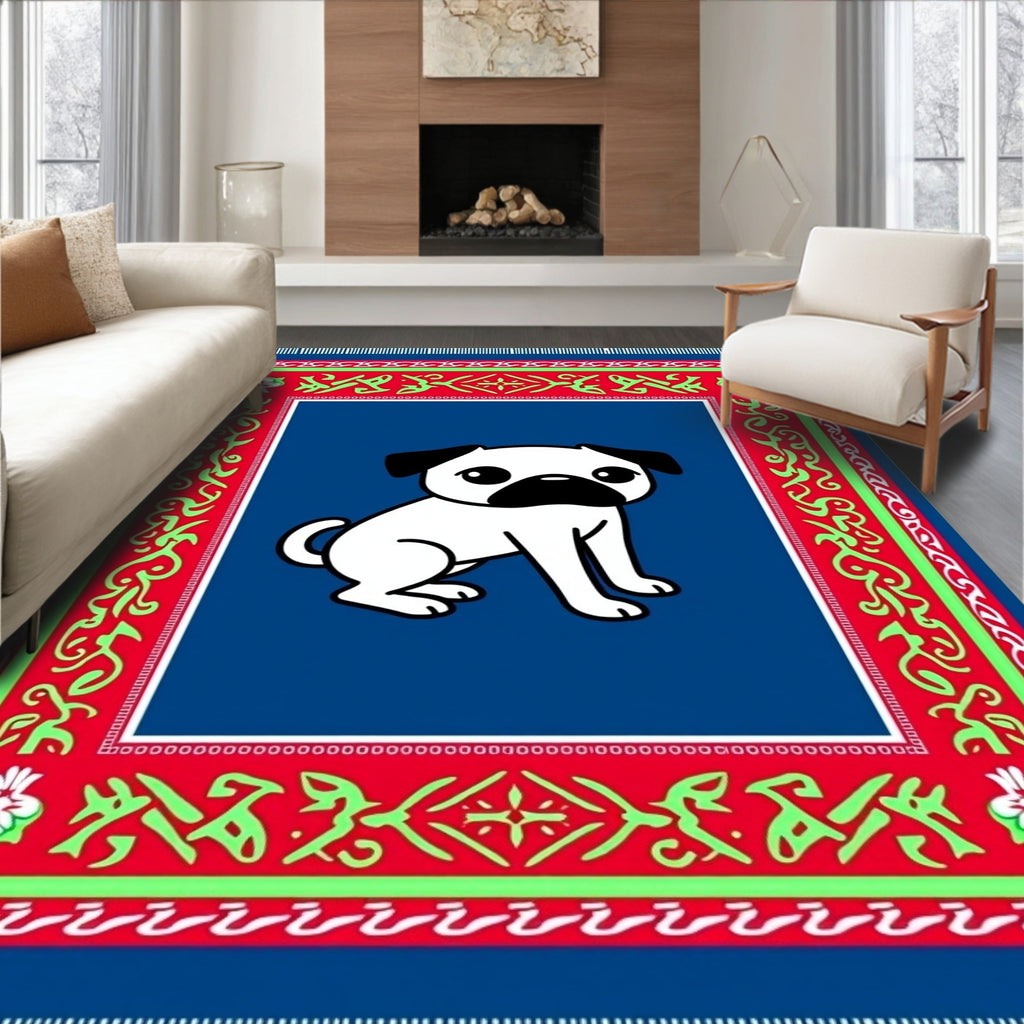 Cute Pug Dog Blue Border Rug