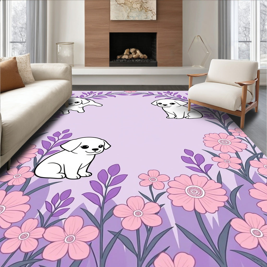 Playful Puppy Garden Whimsical Lavender Rug