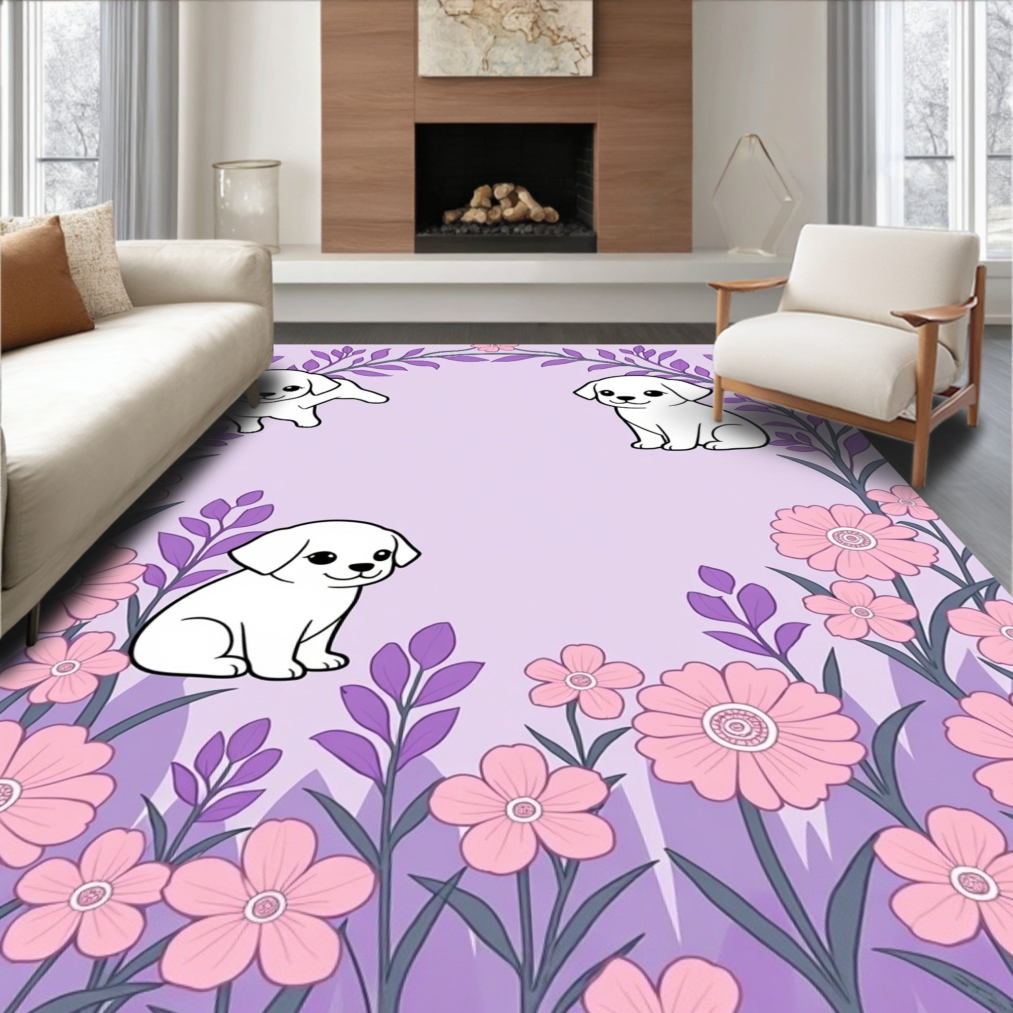 Playful Puppy Garden Whimsical Lavender Rug
