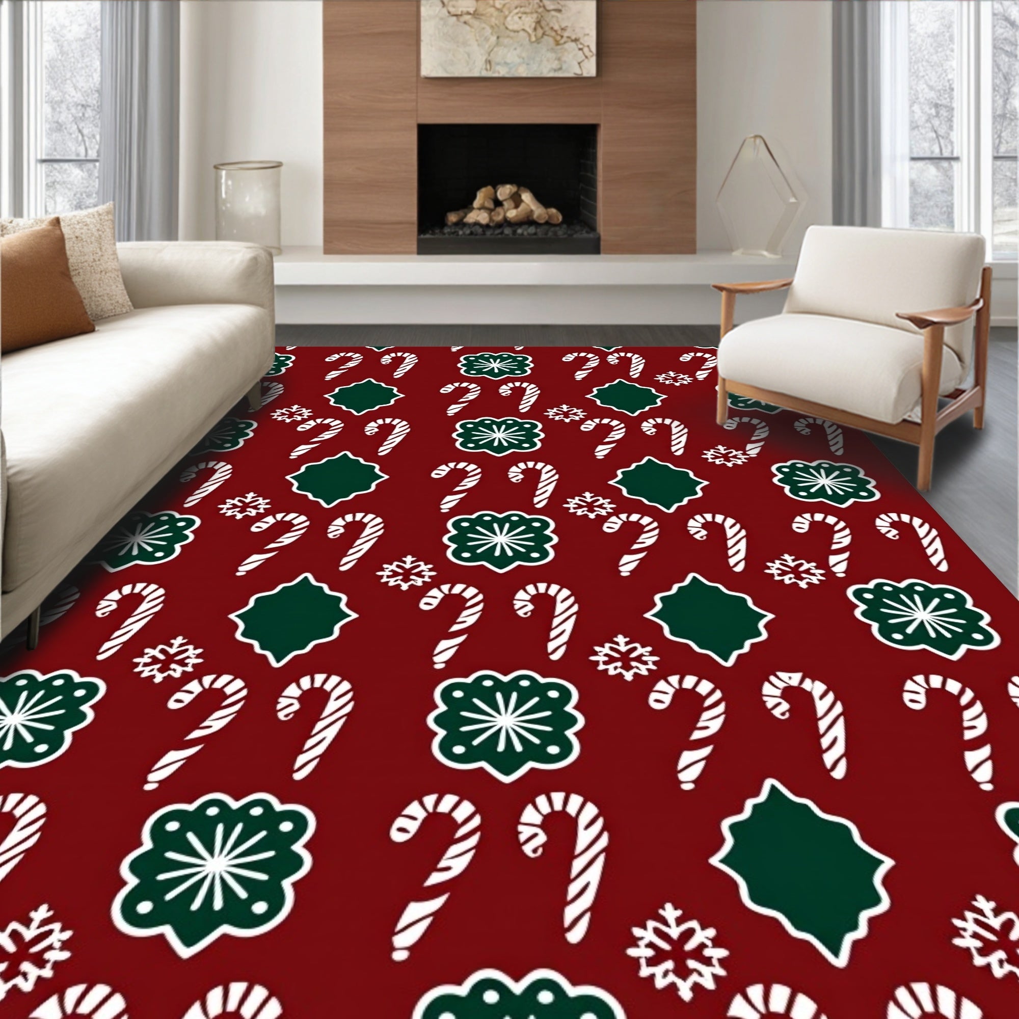 Crimson Candy Cane Snowflake Garland Rug
