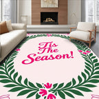 Pink Green Floral Wreath Festive Script Rug