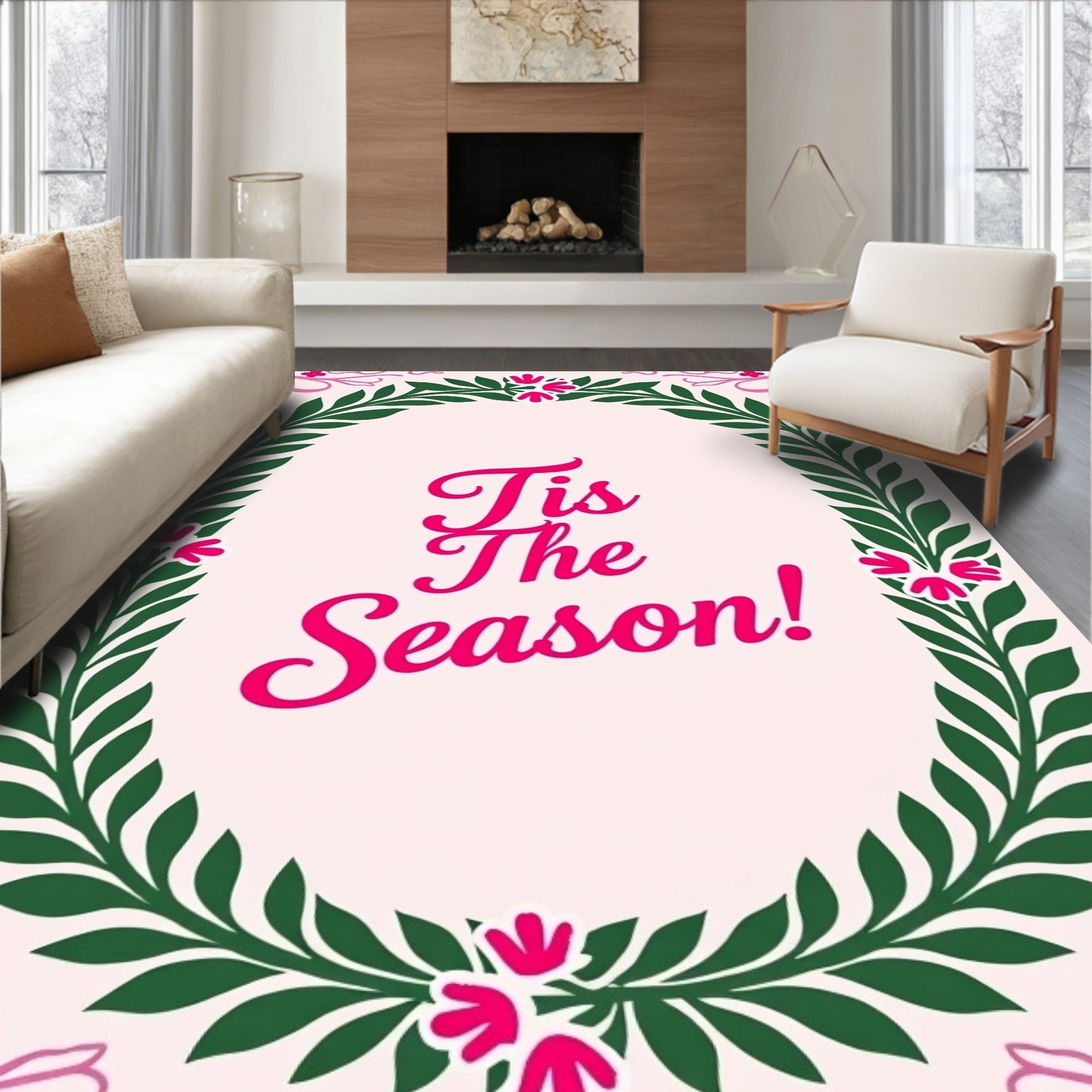Pink Green Floral Wreath Festive Script Rug