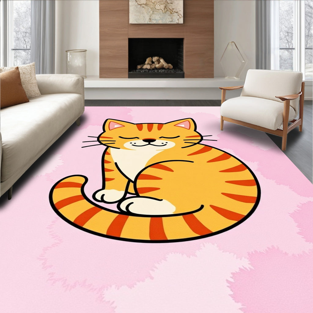 Orange Tabby Cat Pink Cloud Area Rug