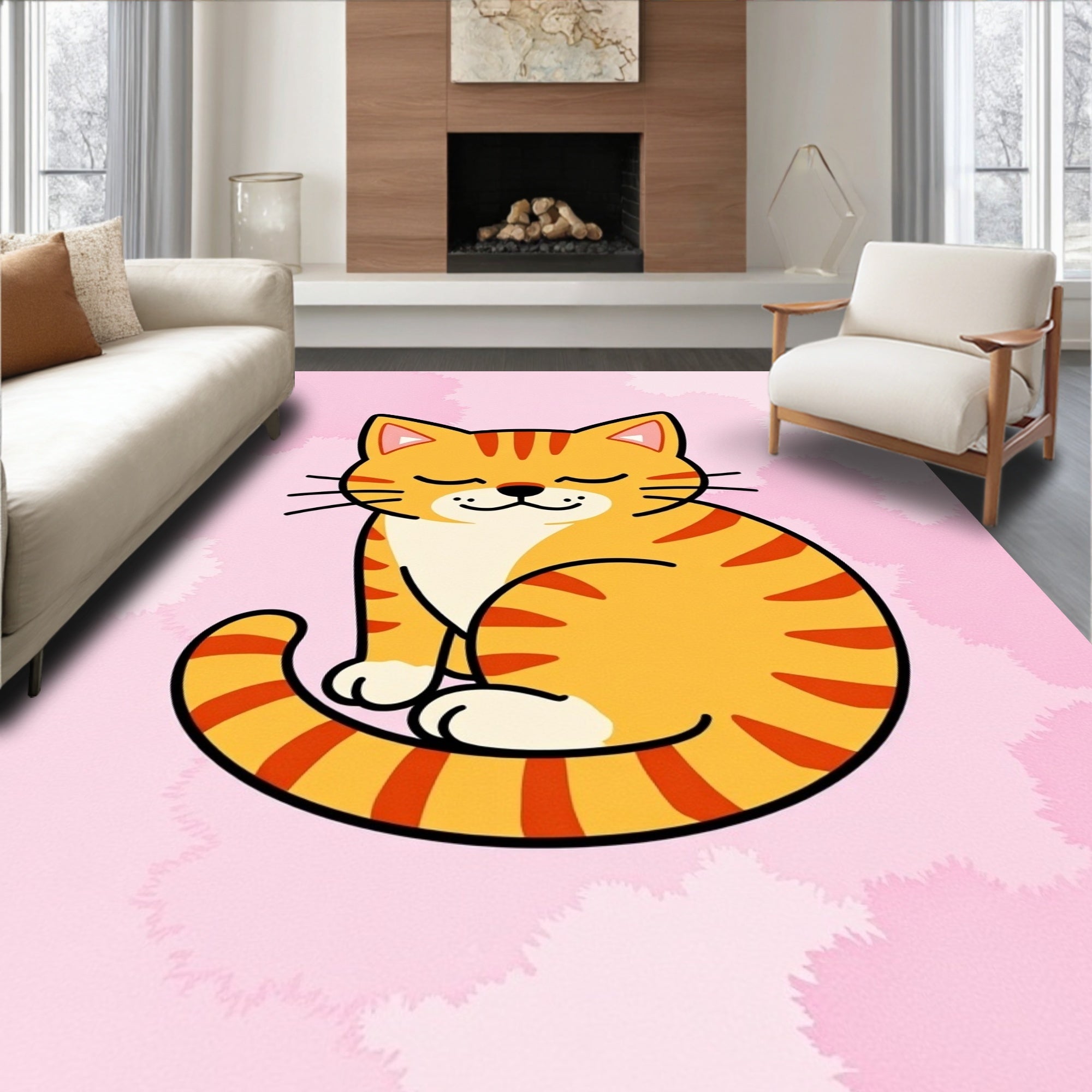 Orange Tabby Cat Pink Cloud Area Rug
