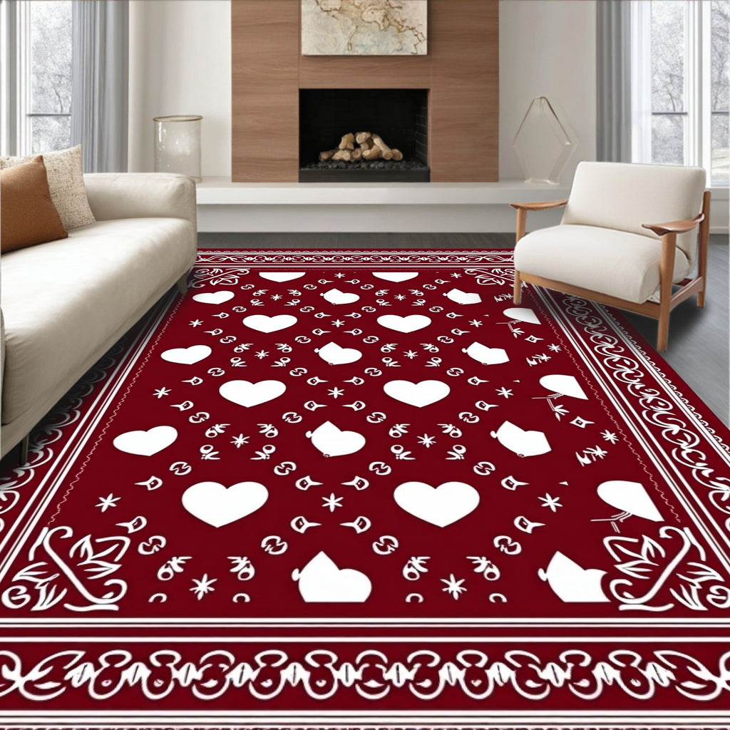 Deep Red White Heart Border Rug