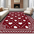 Deep Red White Heart Border Rug