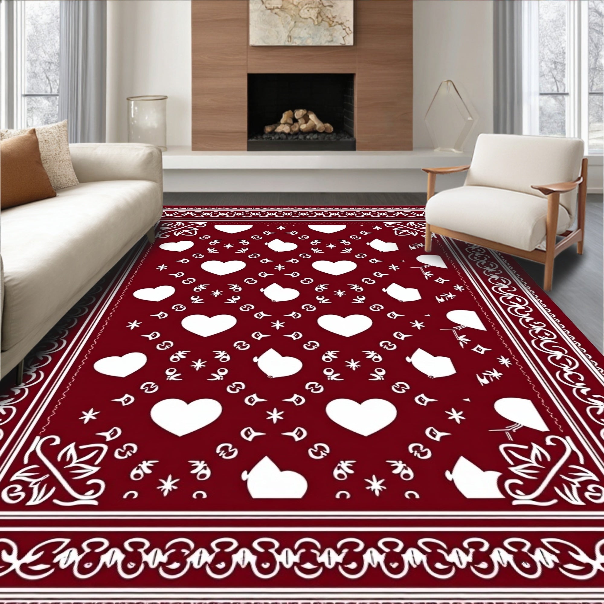 Deep Red White Heart Border Rug