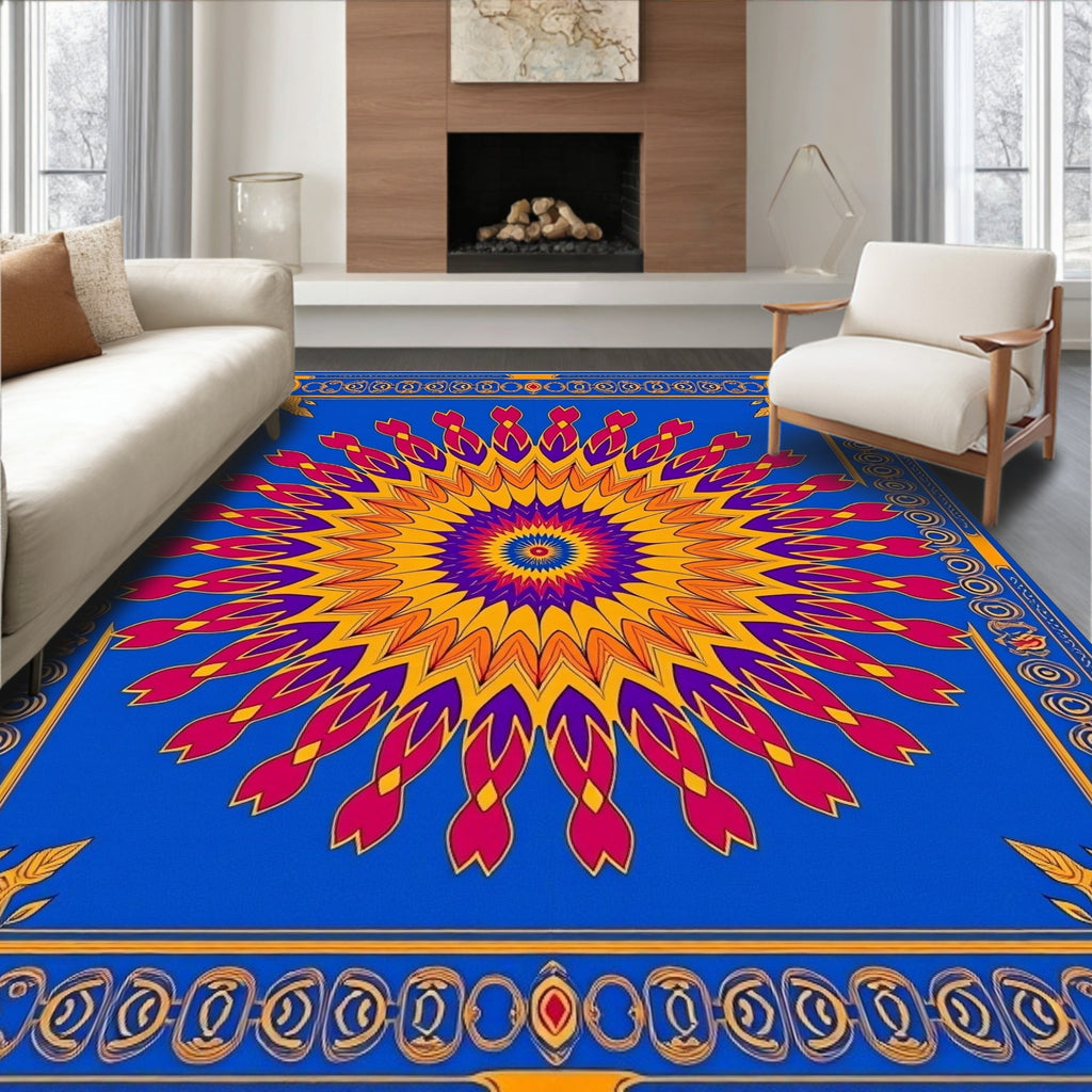 Vivid Blue Geometric Sunburst Mandala Rug