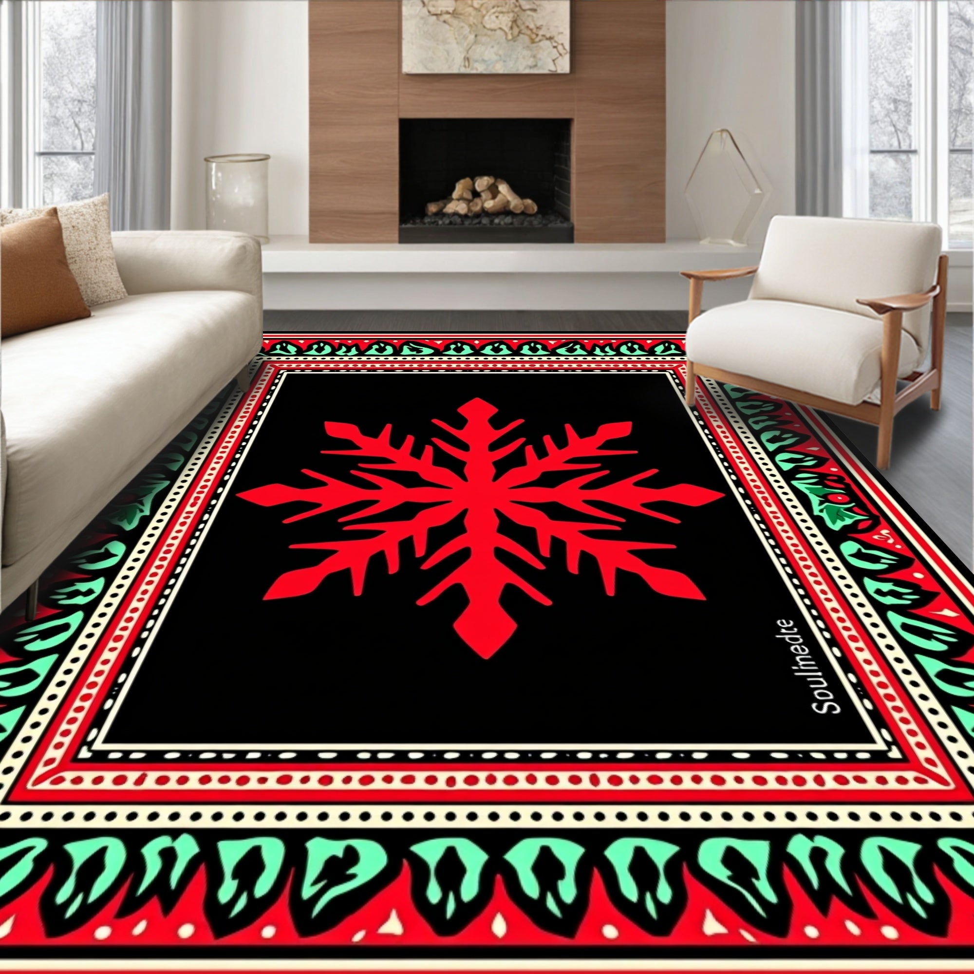 Red Snowflake Black Bordered Rug