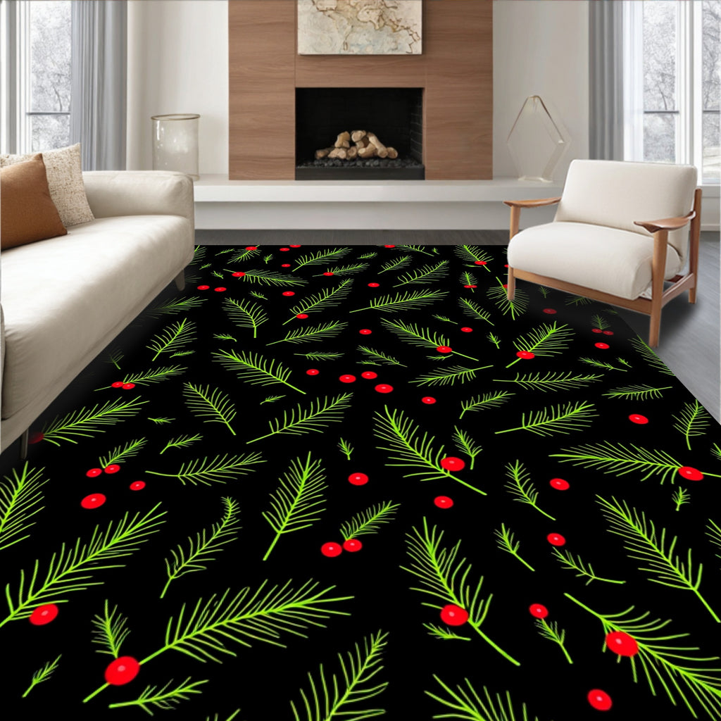 Green Pine Branches Red Berries Rug