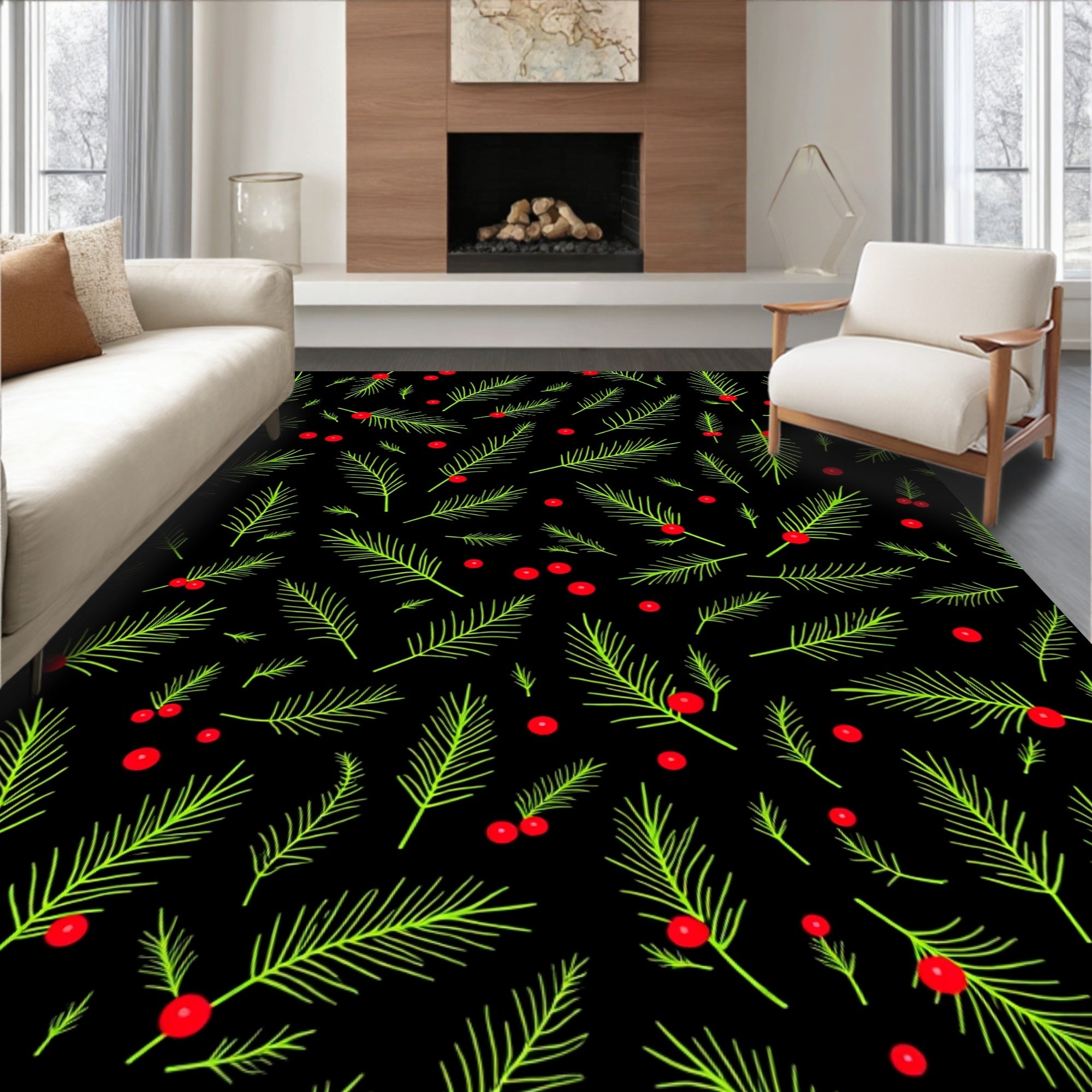 Green Pine Branches Red Berries Rug