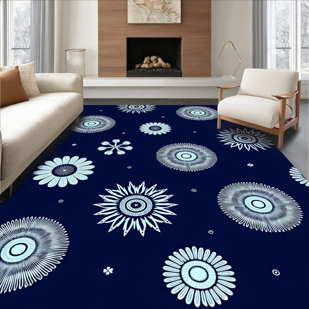 Navy Blue Floral Star Burst Rug