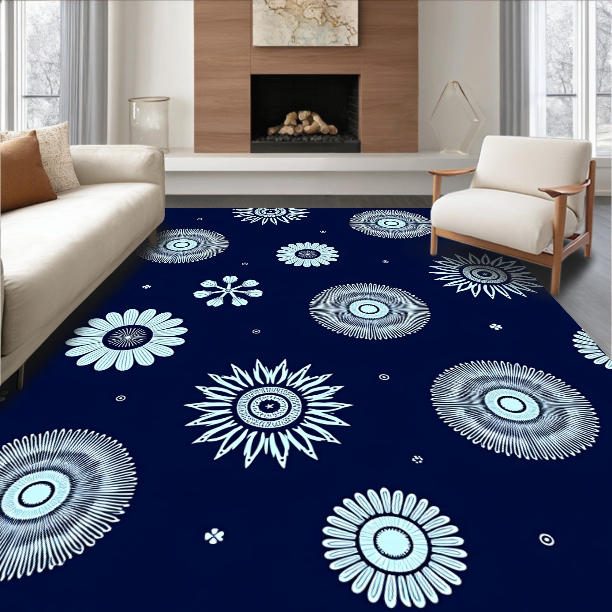 Navy Blue Floral Star Burst Rug