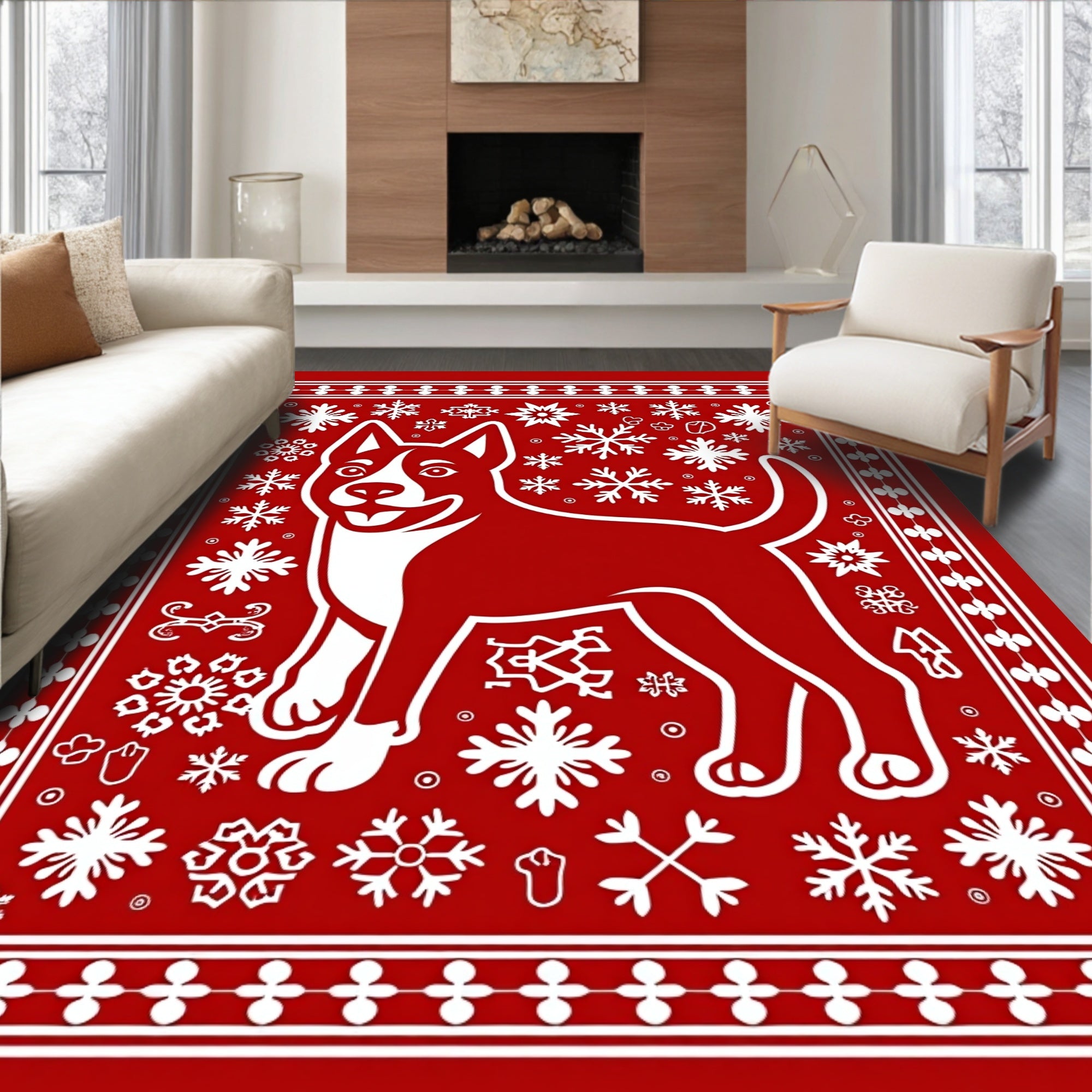 Red Snowy Dog Snowflake Border Rug