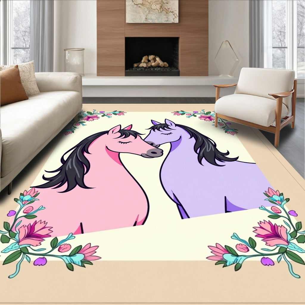 Pink Purple Horses Floral Wreath Rug