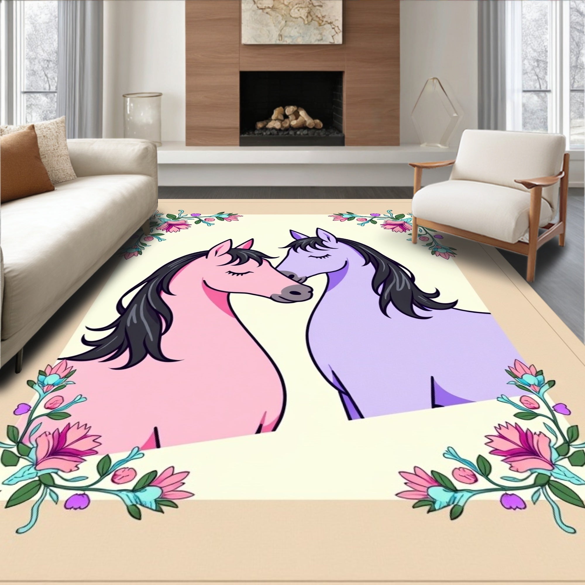 Pink Purple Horses Floral Wreath Rug
