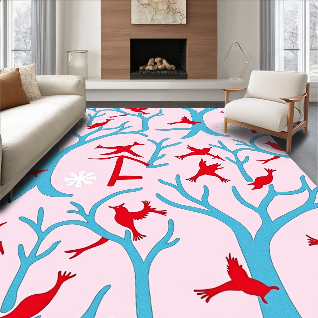 Red Birds Blue Trees Pink Background Rug