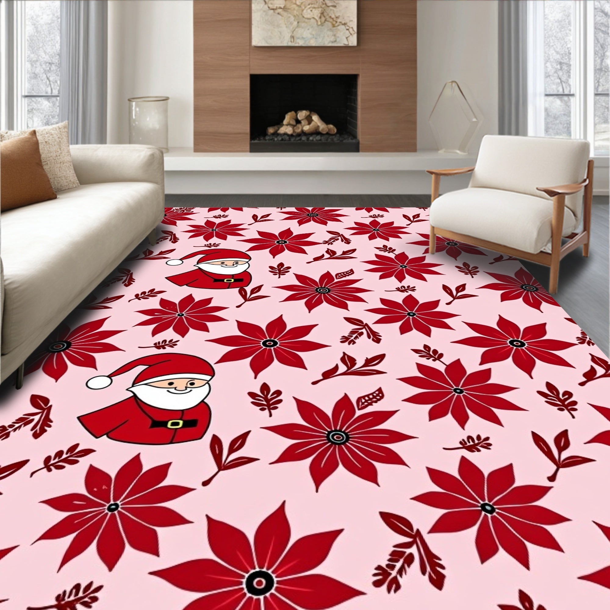 Crimson Poinsettia Santa Duo Rug