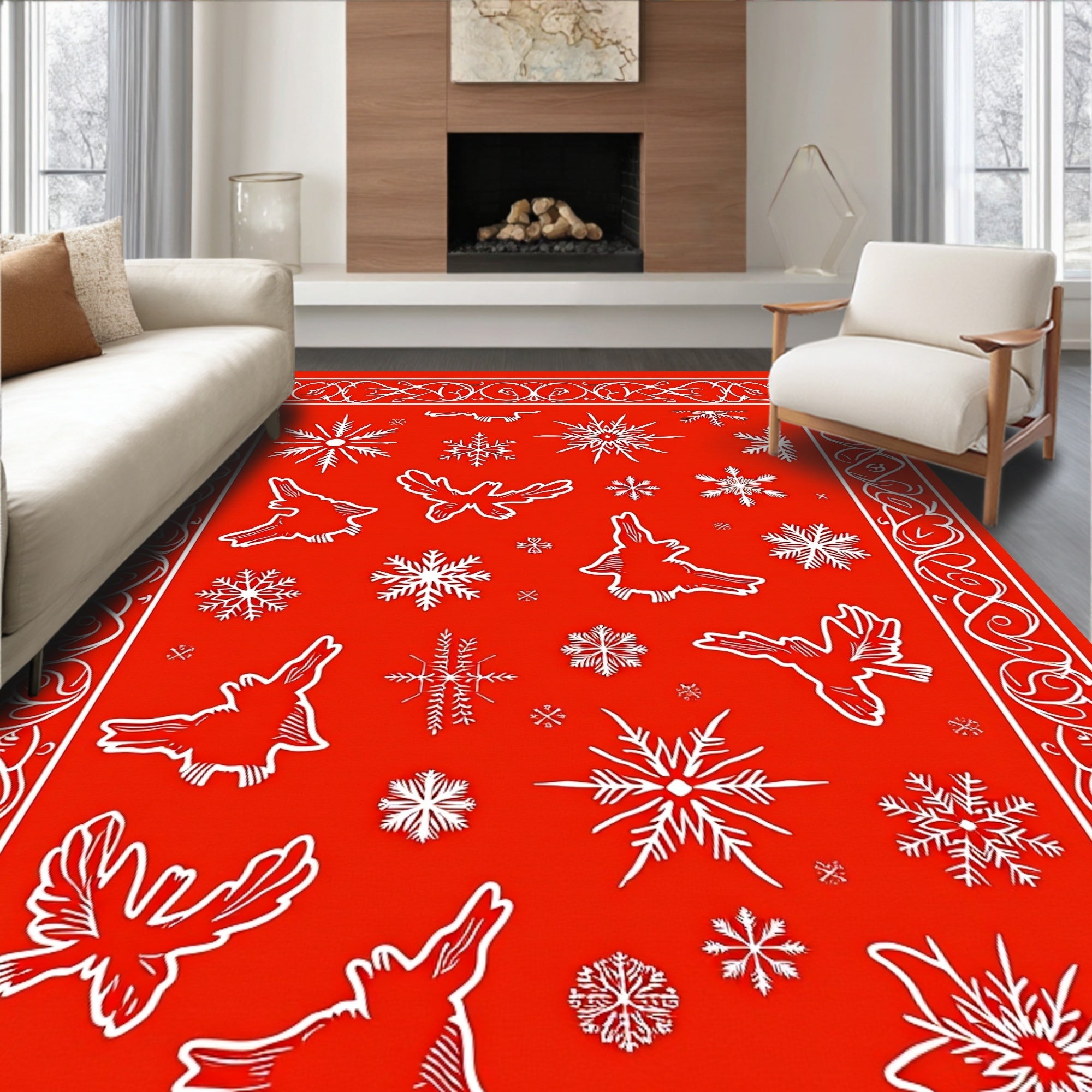 Red Snowflake Animal Winter Border Rug