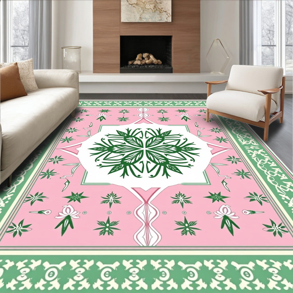 Pink Green Floral Medallion Border Rug