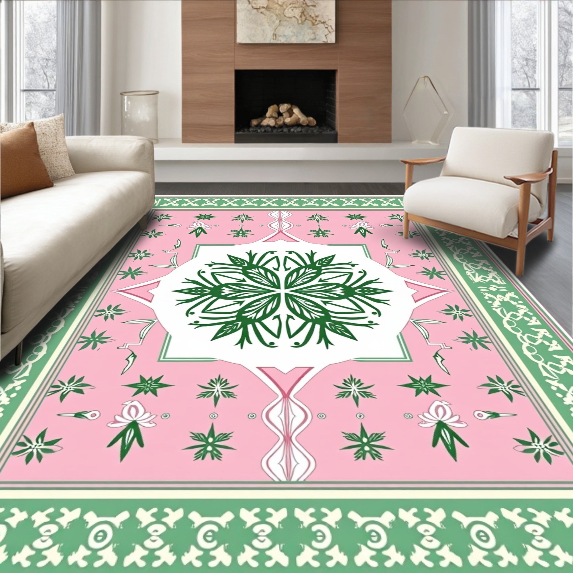 Pink Green Floral Medallion Border Rug