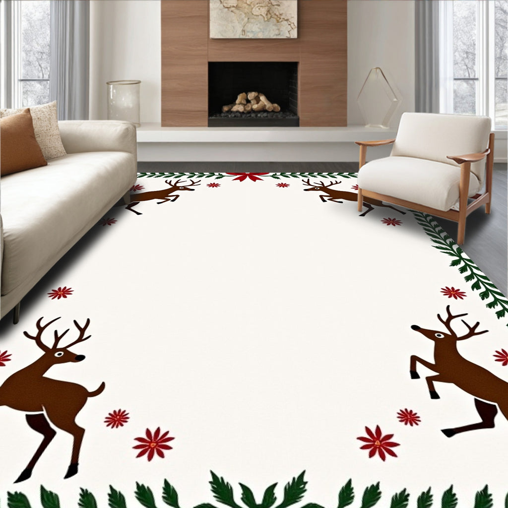 Brown Reindeer Red Floral Green Border Rug