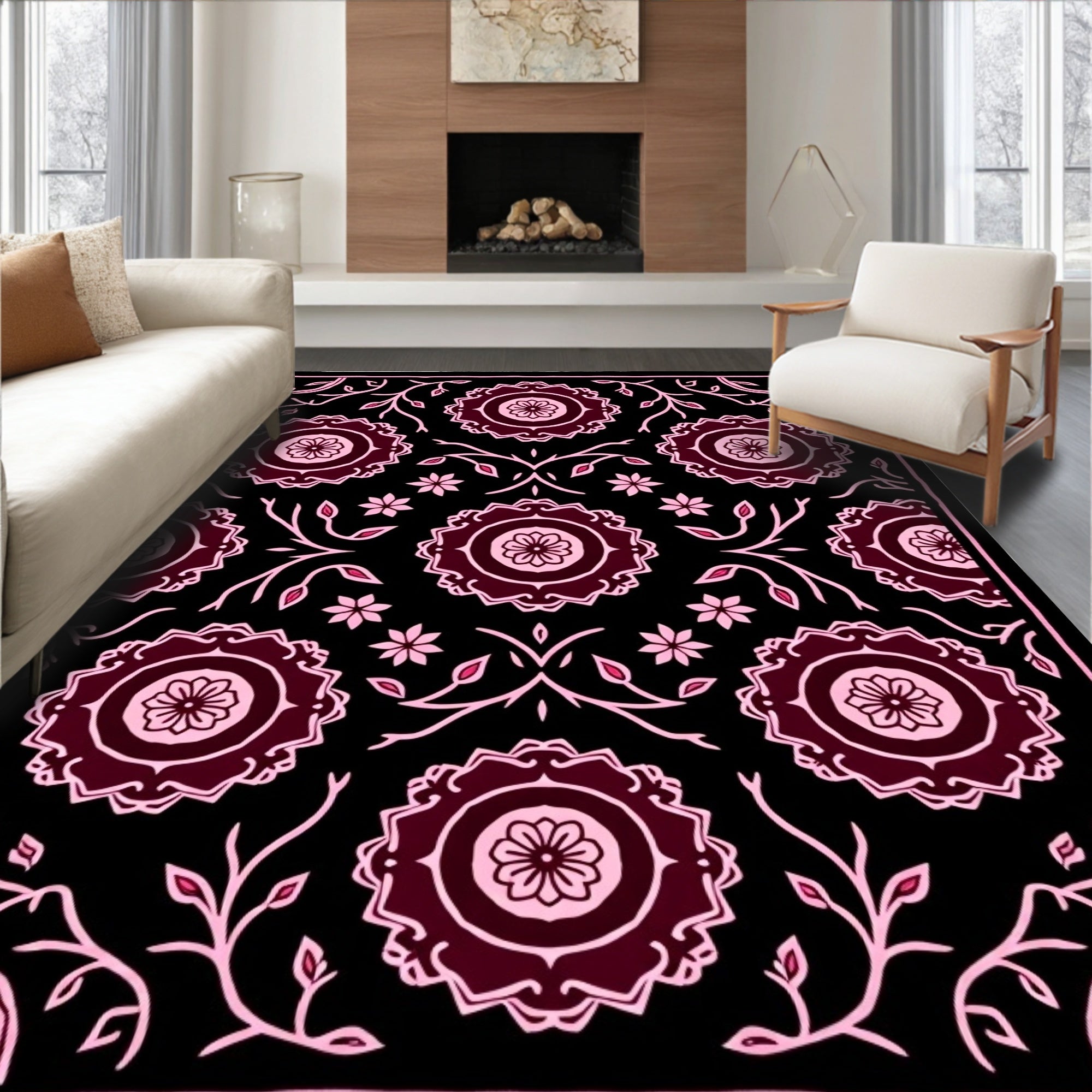 Dark Crimson Pink Floral Medallion Rug