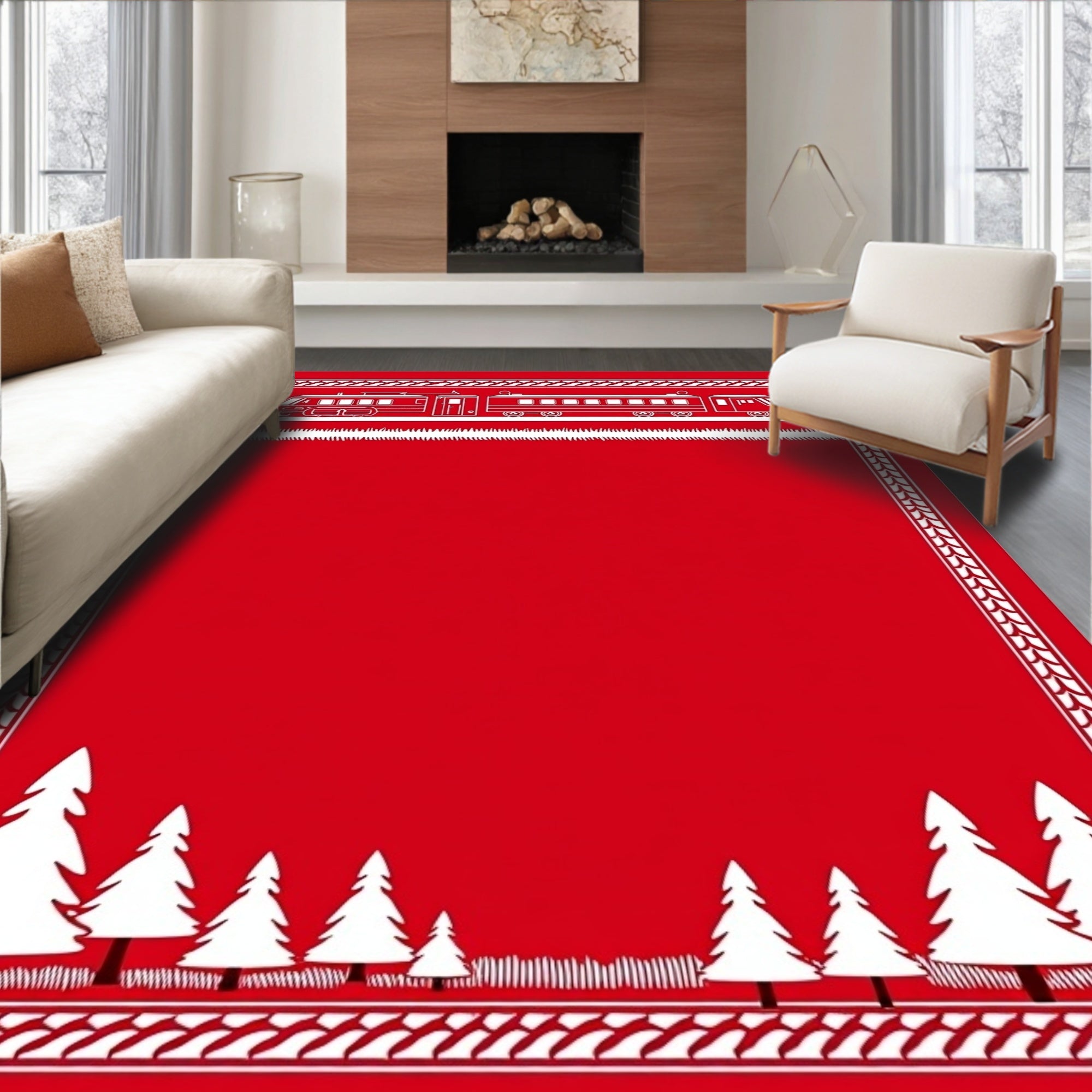 Red Train Pine Forest Border Rug