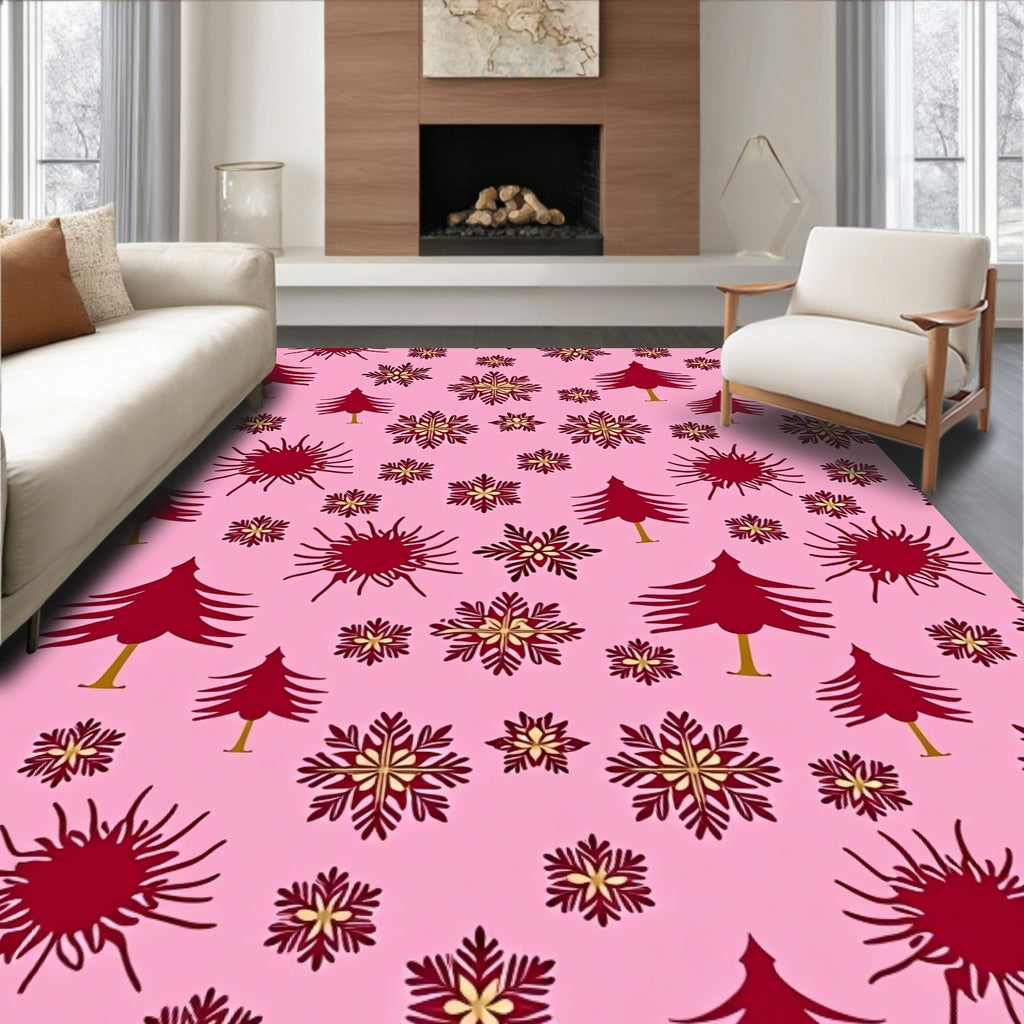 Maroon Trees Snowflakes Pink Background Rug