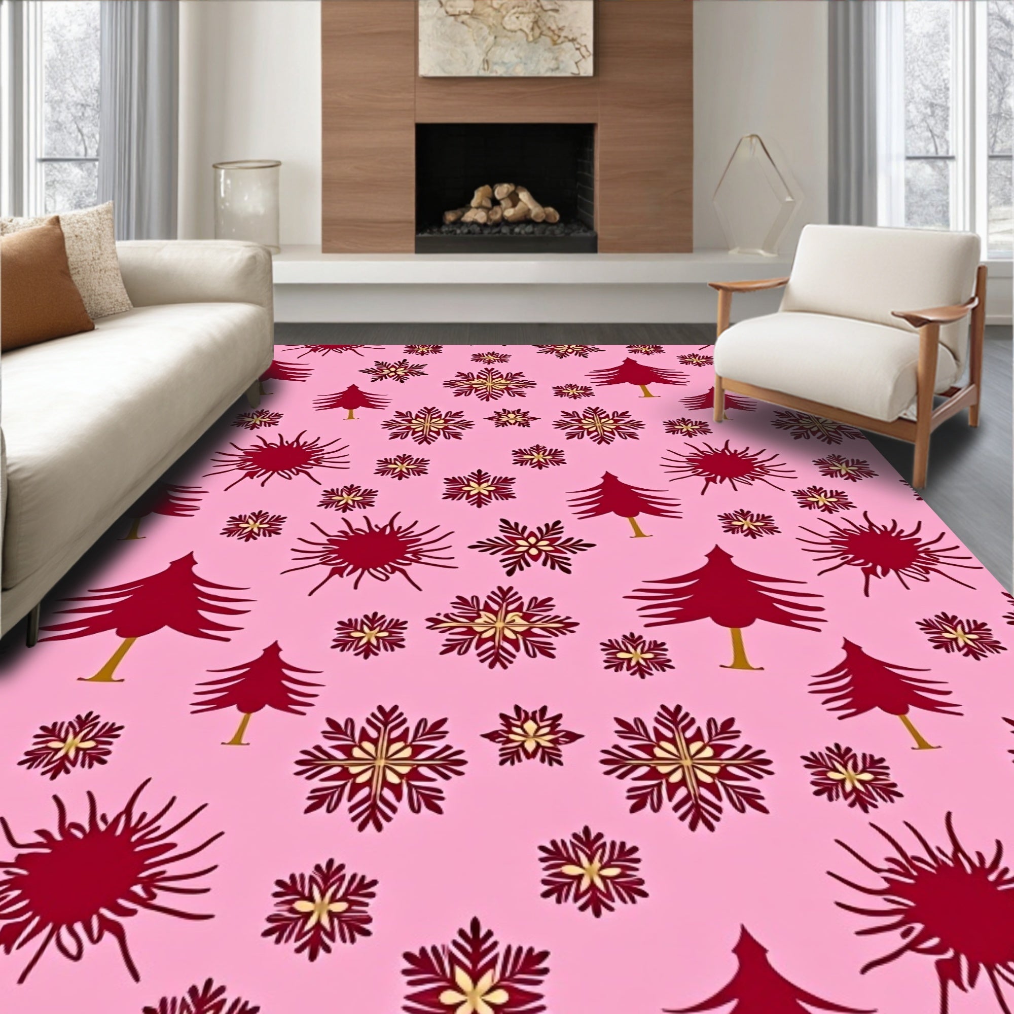 Maroon Trees Snowflakes Pink Background Rug