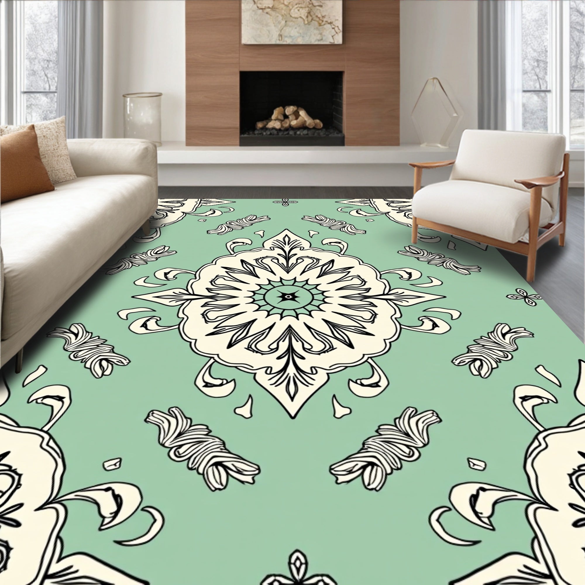 Cream Floral Medallion Mint Green Rug